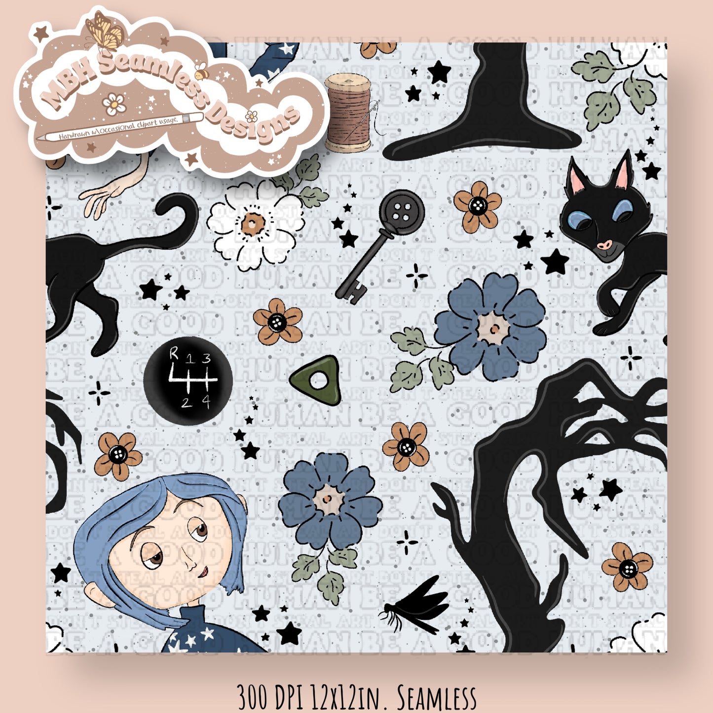 EXCLUSIVE Boho Floral Button Eye Girl & Coordinate Seamless Pattern (NO FABRIC SHOPS)