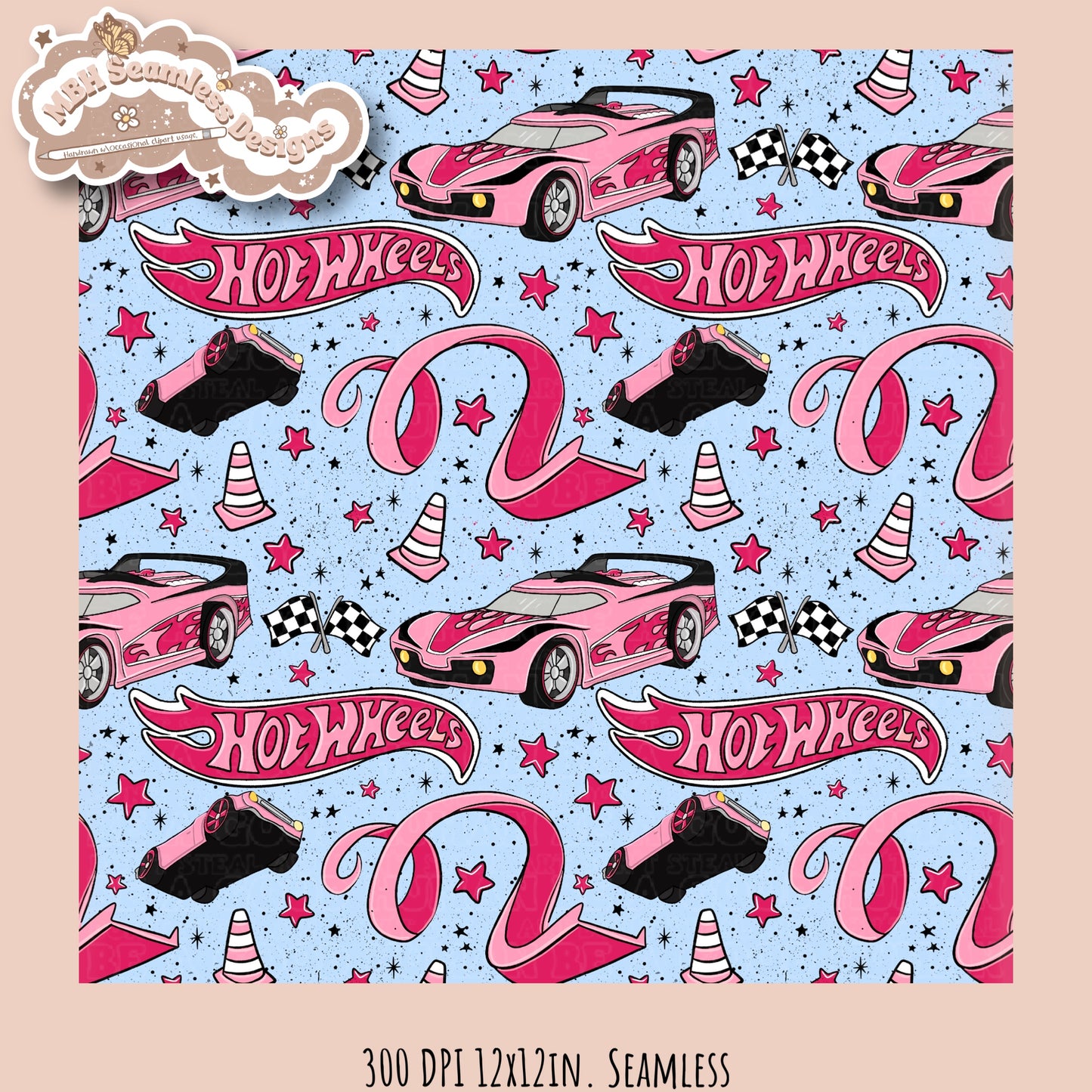 Girly Hot Wheels Seamless Pattern Multiple Colorways