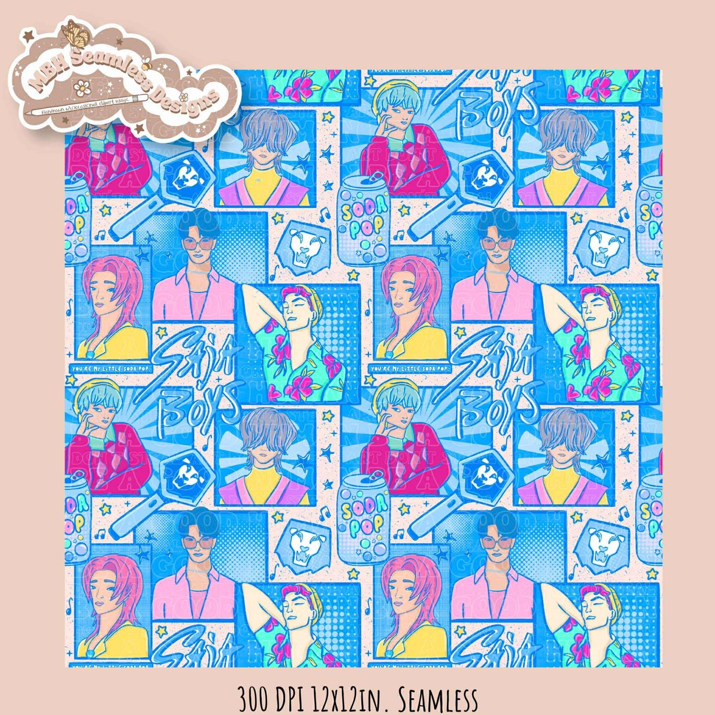 Blue Comic Soda Pop Boys Seamless Pattern // Assorted Colorway Options