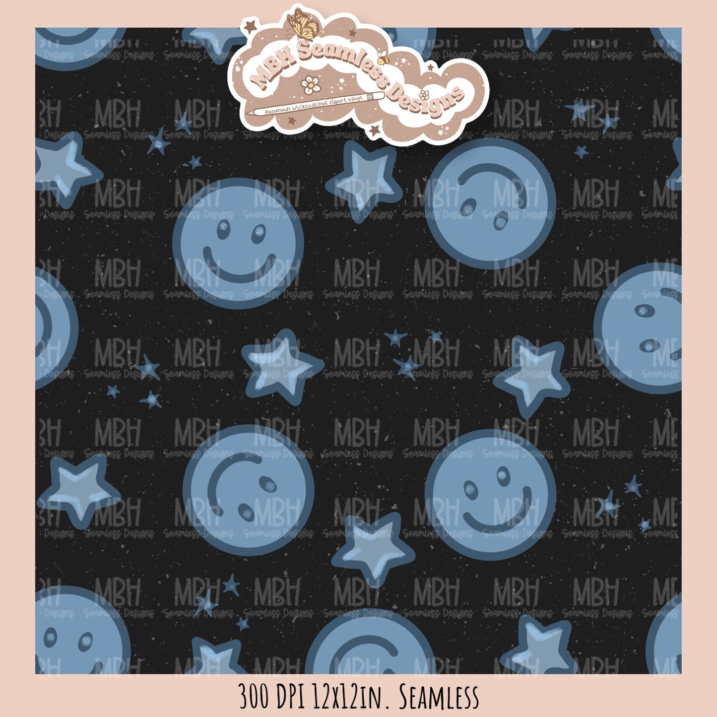 Blue Starry Smilies Seamless Pattern MULTIPLE COLORWAYS