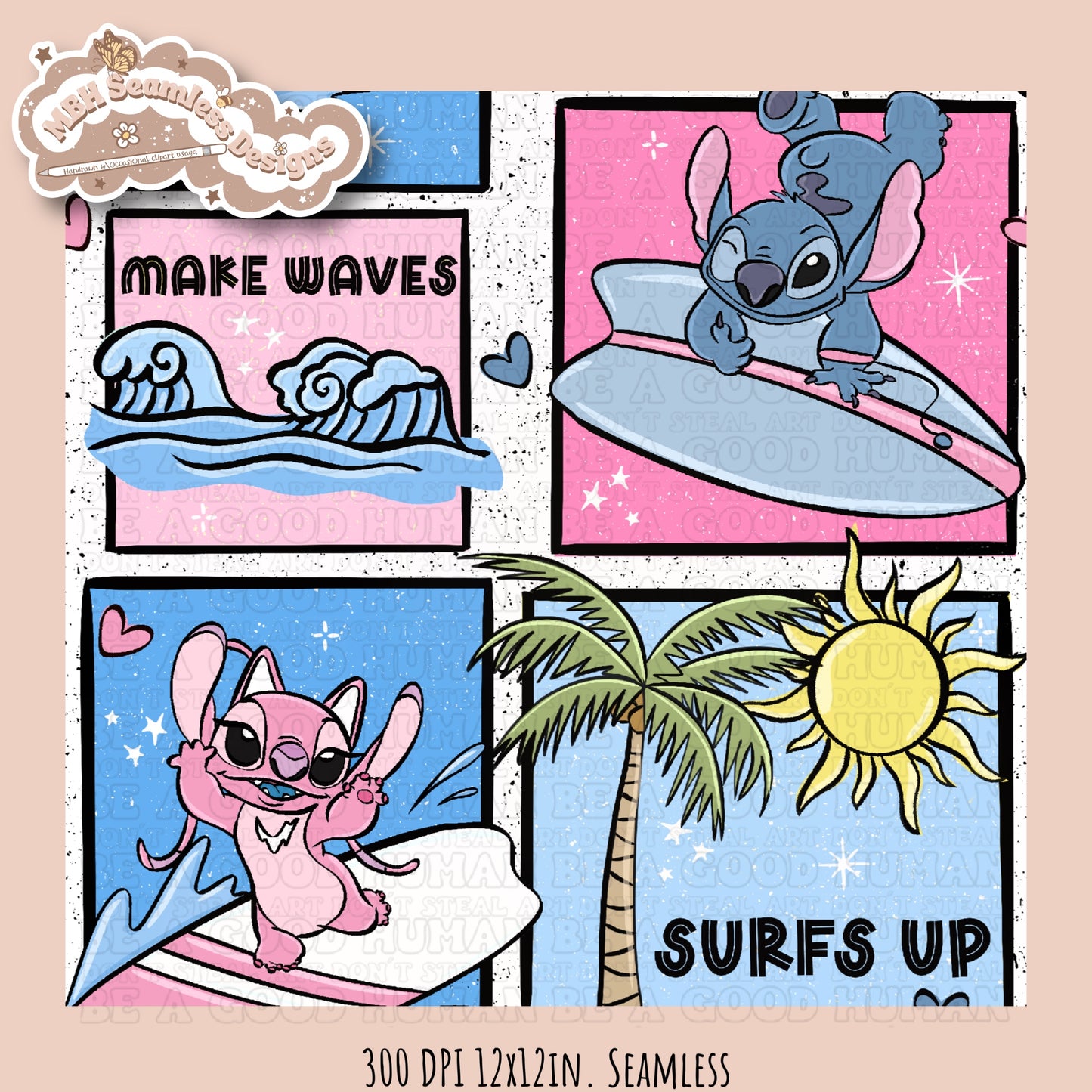 Angel & Stitch Surf Seamless Pattern•Multiple Colorway Options