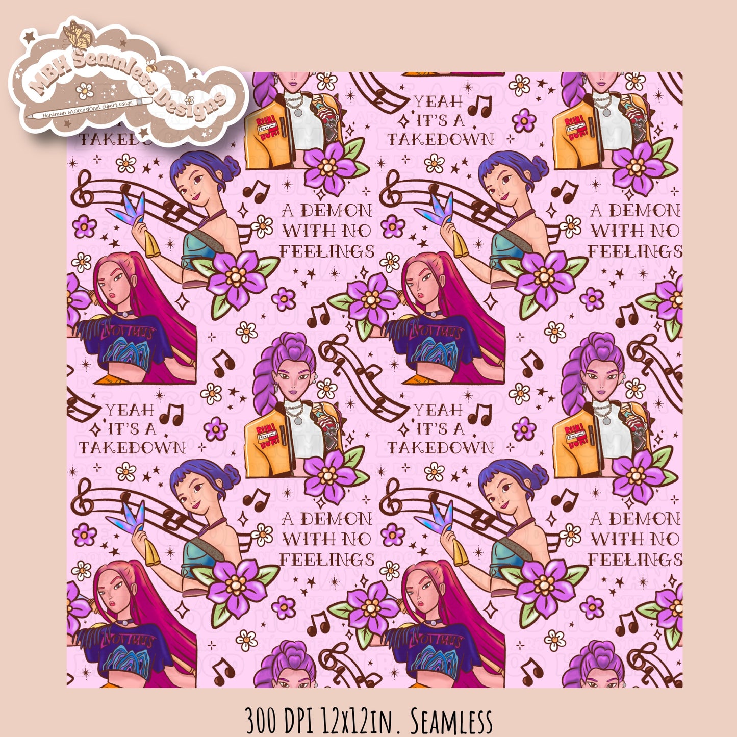 Demon Hunters x Tattoo Lyrics Seamless Pattern // PNG // Assorted Colorways