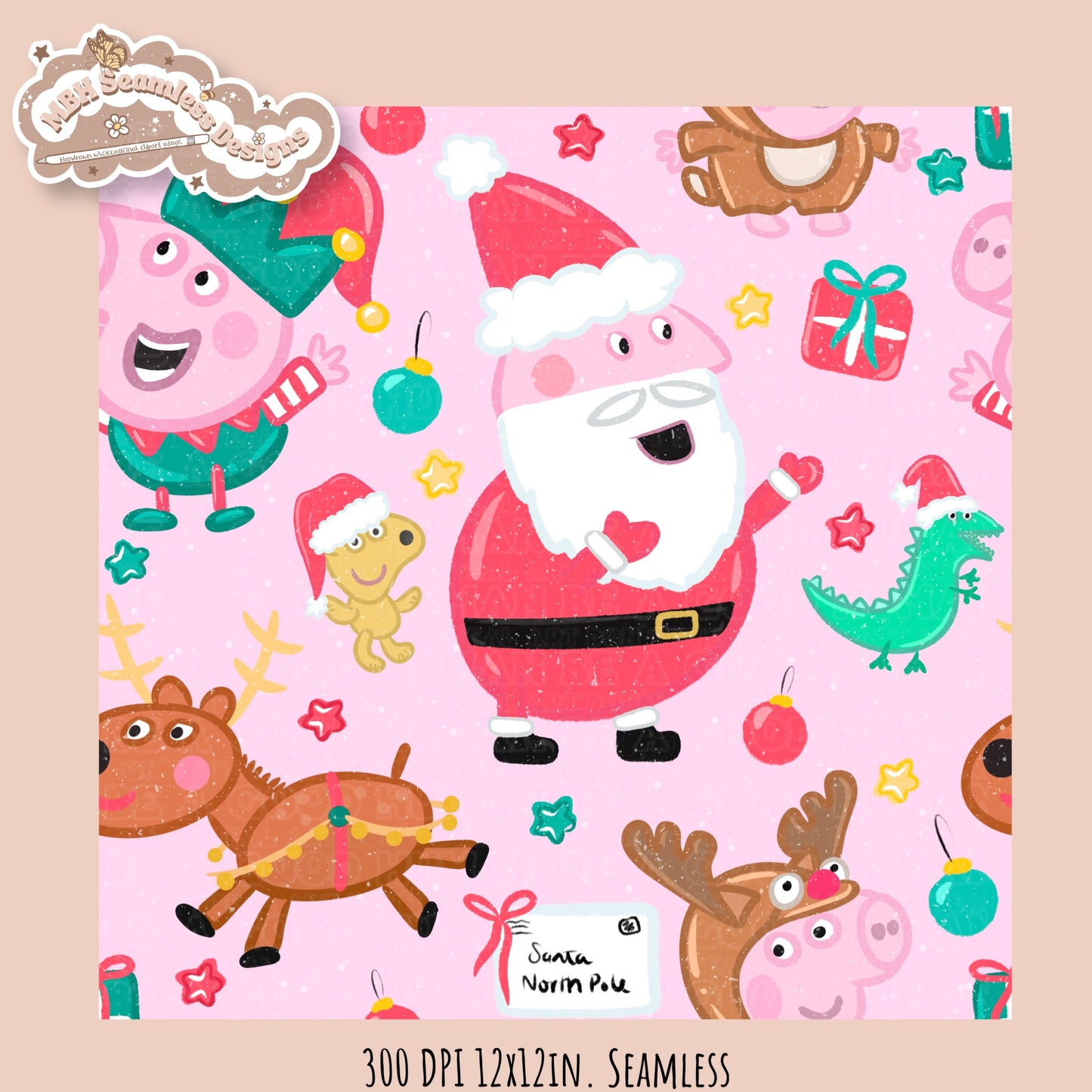 Peppa Christmas Seamless Pattern // PNG // Assorted Colorways