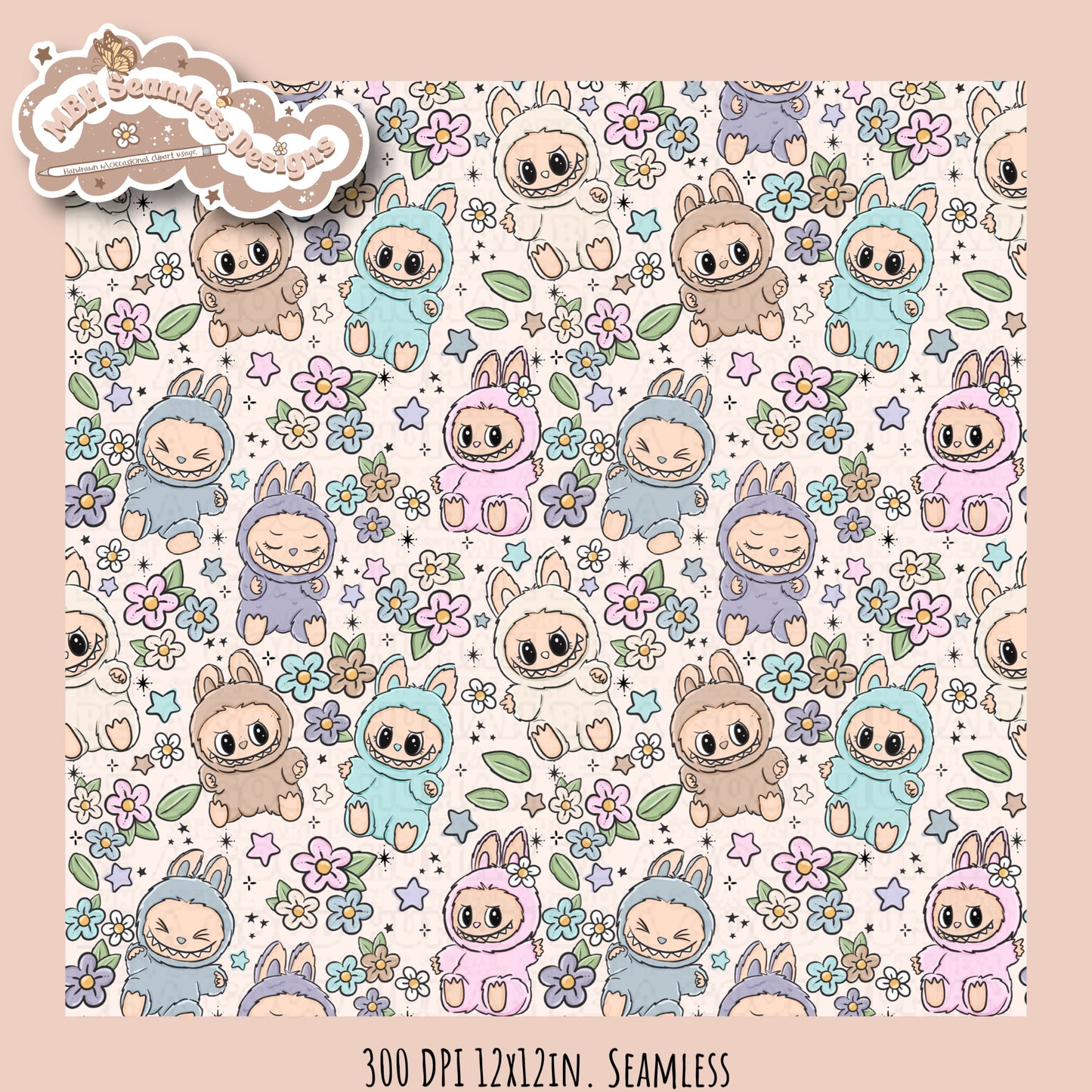 Labubu Floral Seamless Pattern & PNGs Assorted Colorway Options