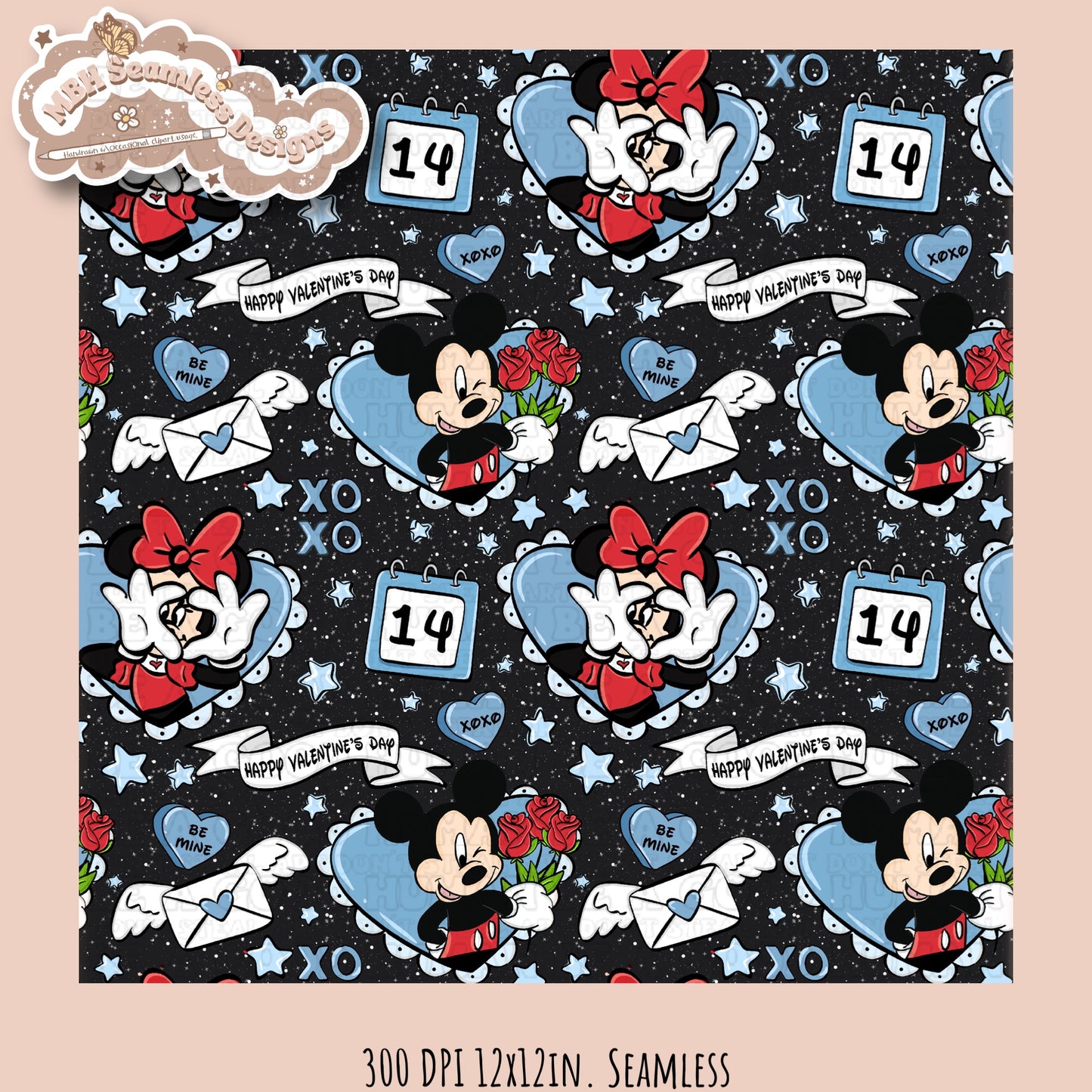 Blue Hearts Mouse Valentine Seamless Pattern Multiple Colorways