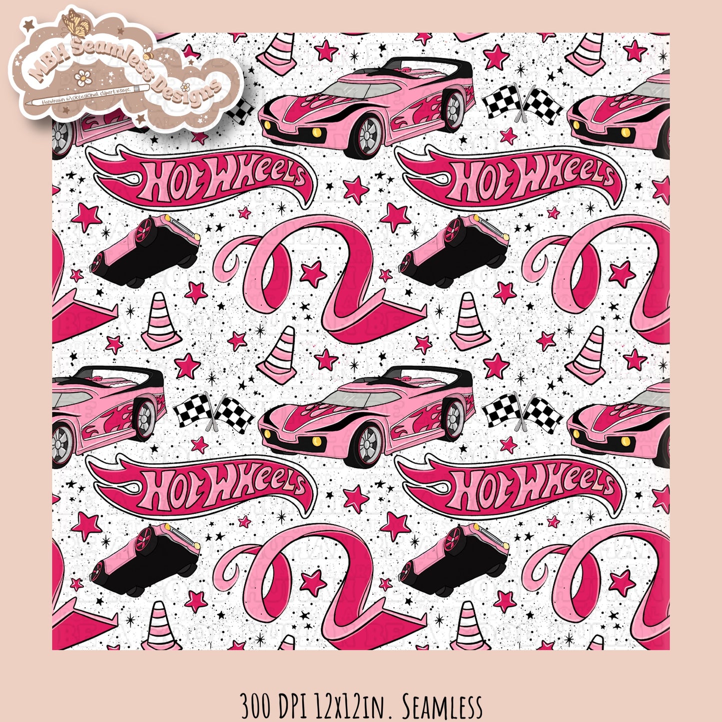 Girly Hot Wheels Seamless Pattern Multiple Colorways