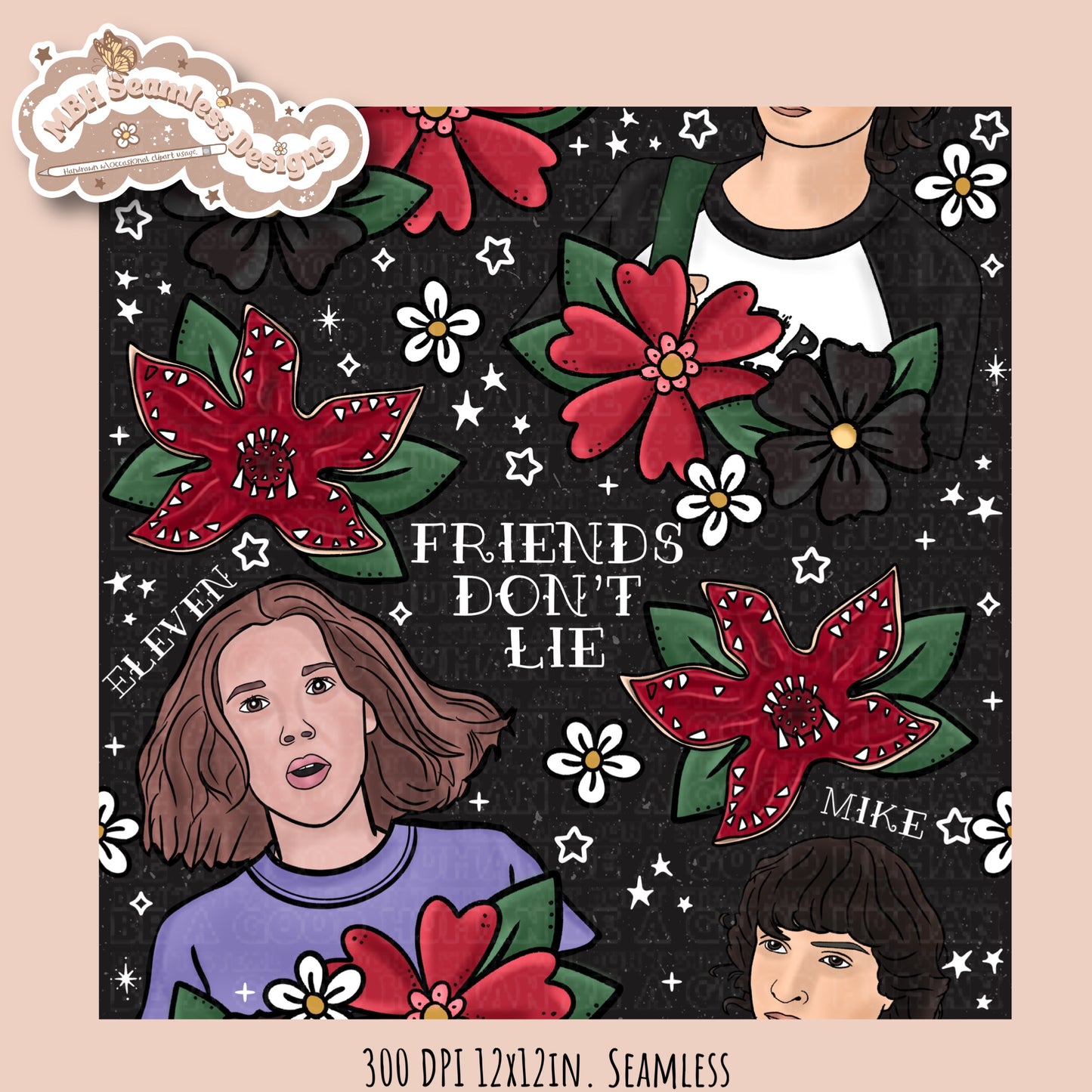 Stranger Things x Tattoo Floral Seamless Pattern // PNG //Multiple Colorways