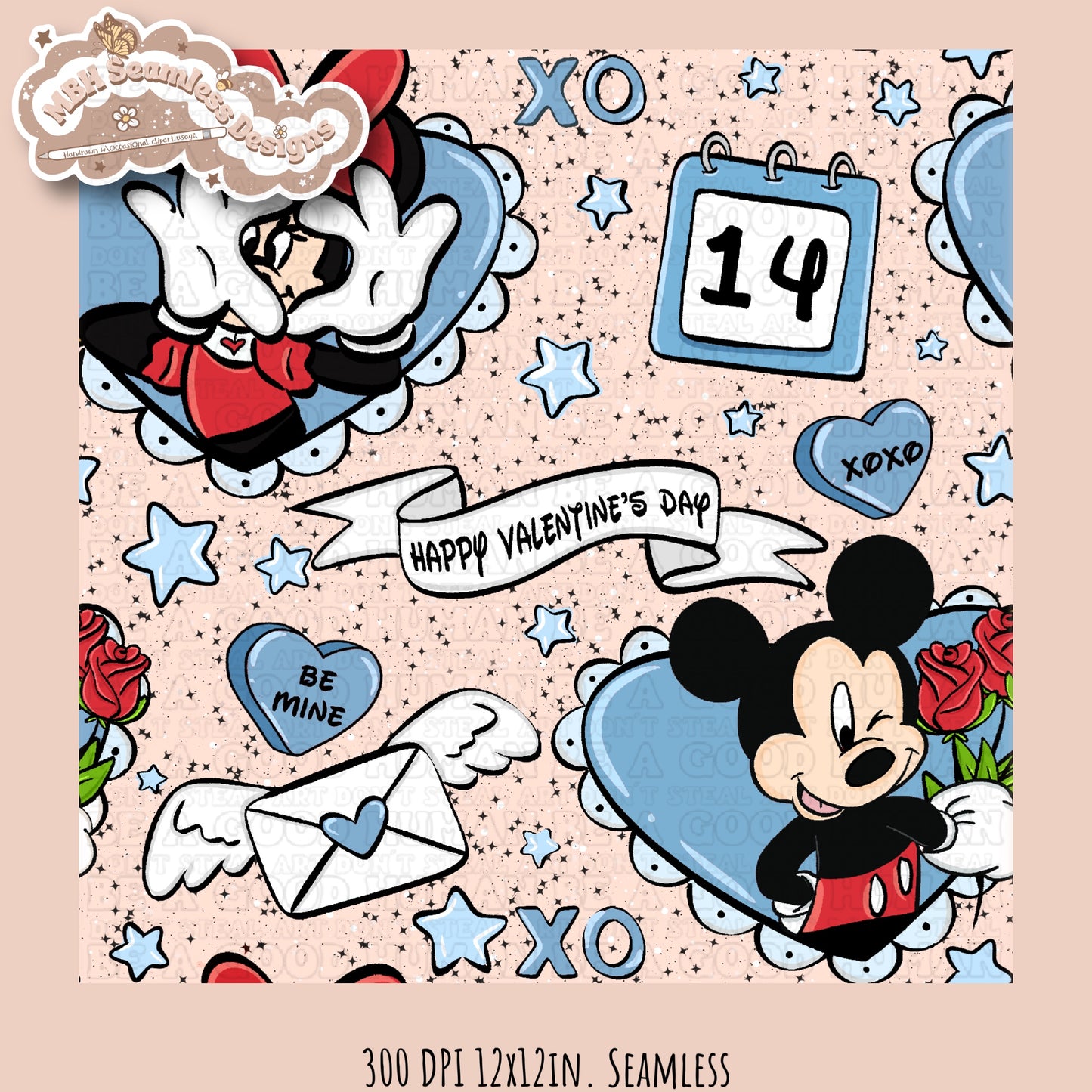 Blue Hearts Mouse Valentine Seamless Pattern Multiple Colorways