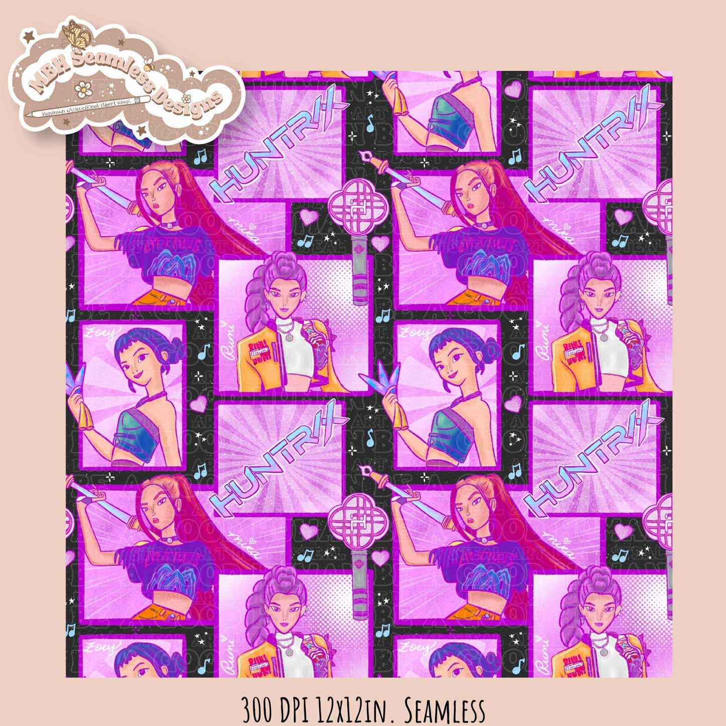Comic Huntrx Seamless Pattern // PNG // Assorted Colorways