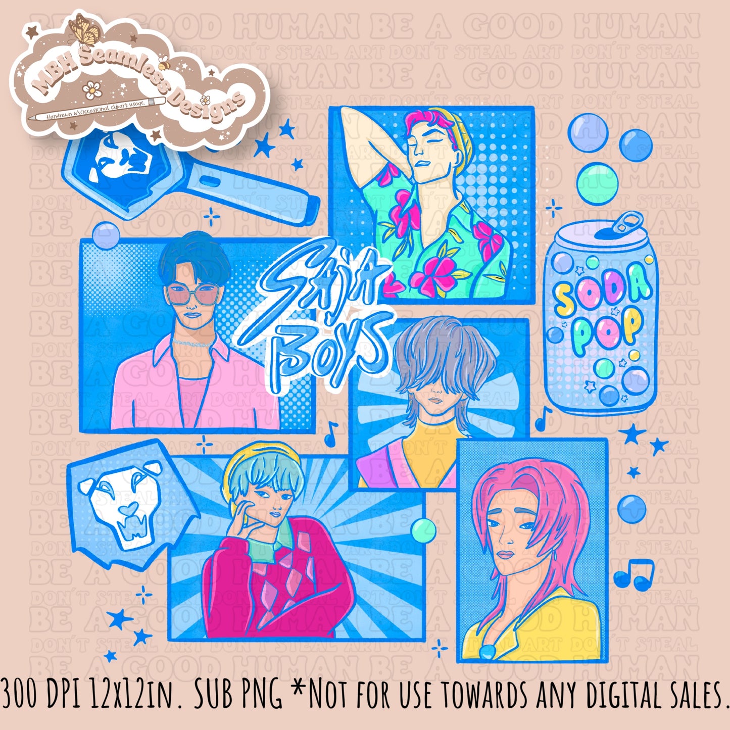 Blue Comic Soda Pop Boys Seamless Pattern // Assorted Colorway Options