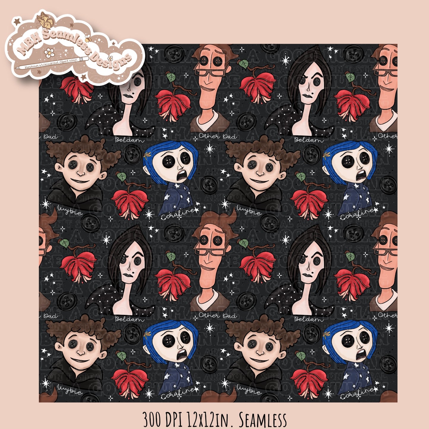 Bleeding Hearts Button Eyes Seamless Pattern Multiple Colorway Options