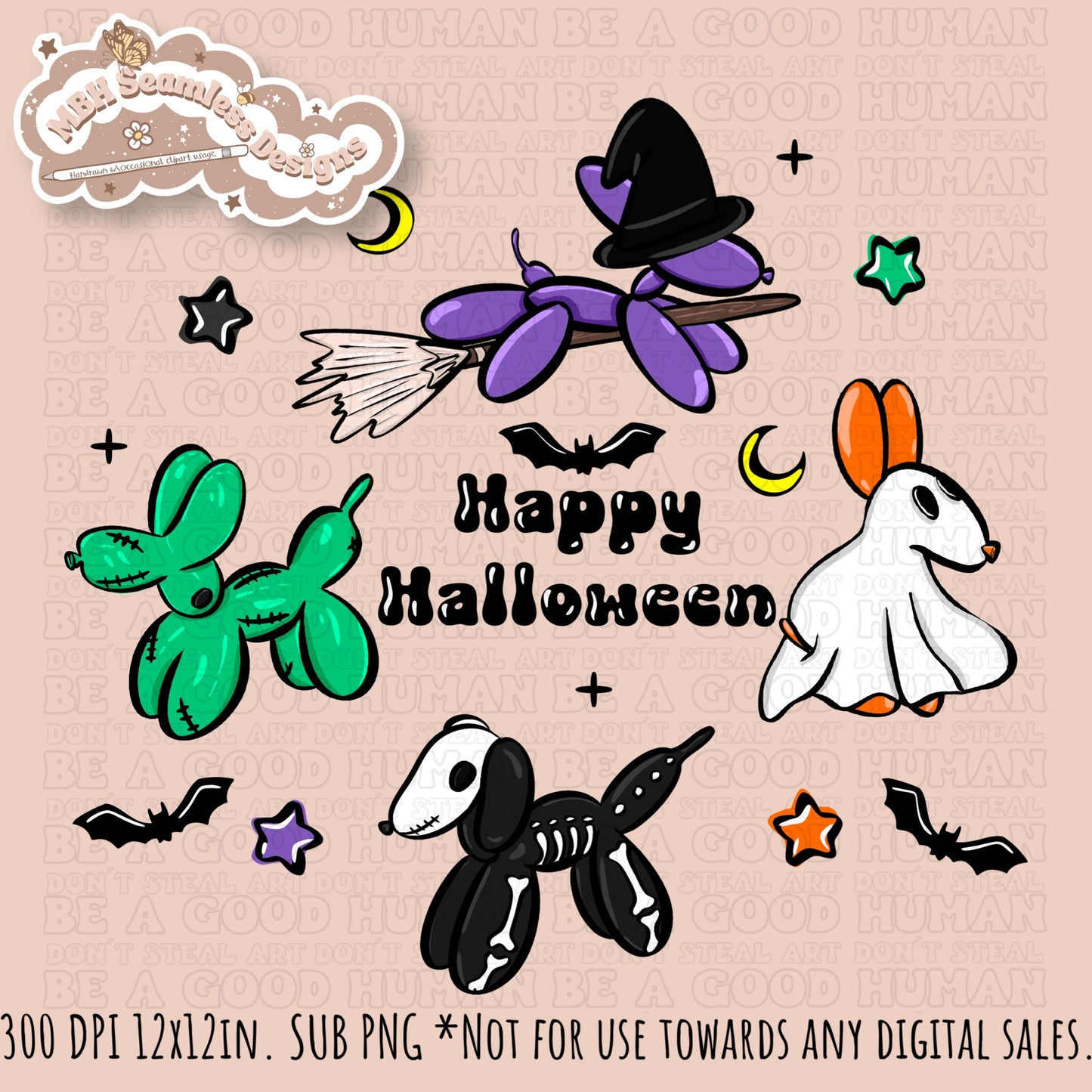 Halloween Balloon Dogs Seamless Pattern // PNG // Assorted Colorways