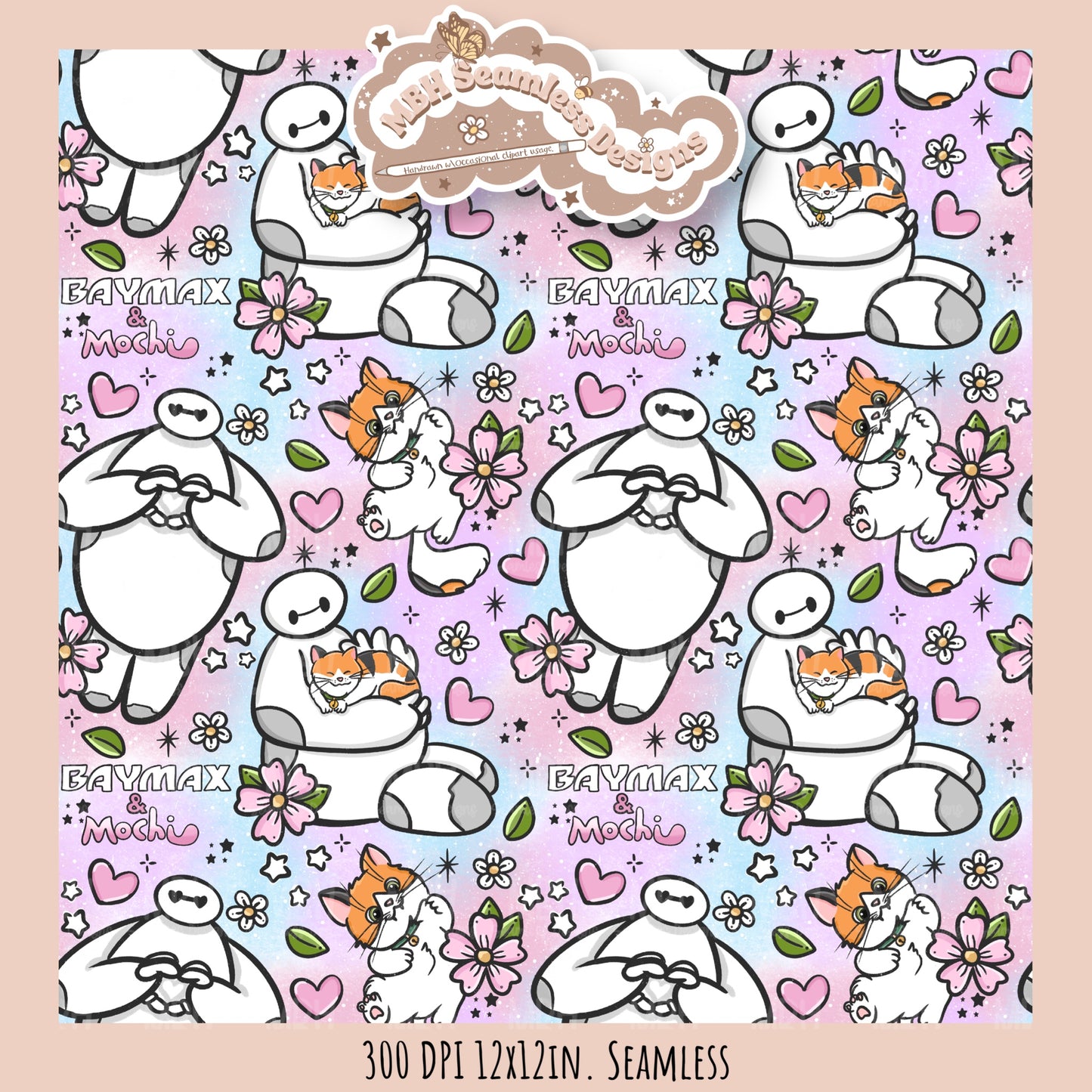 Floral Baymax Mochi Seamless Pattern // Multiple Colorway Options