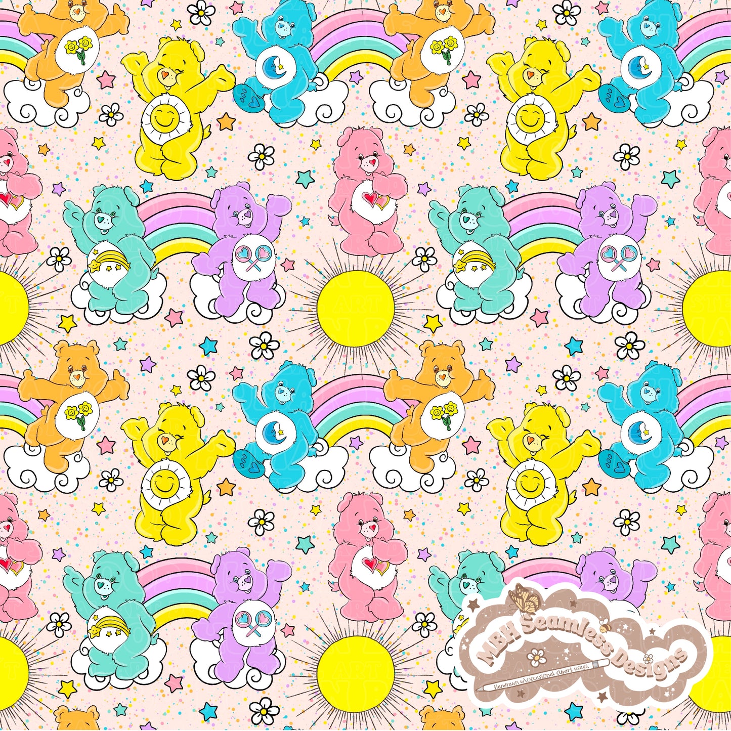 Starry Daisy Care Bears Seamless Pattern & PNG MULTIPLE COLORWAYS