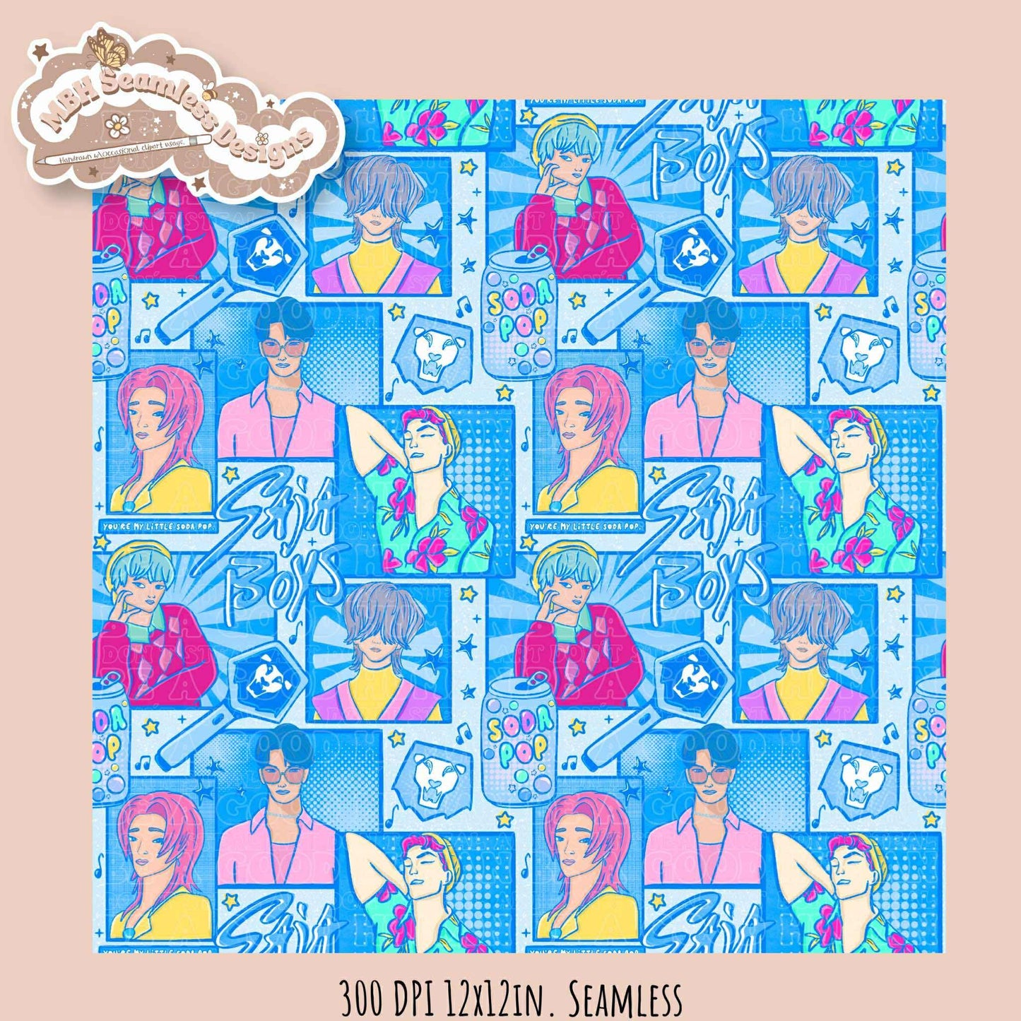 Blue Comic Soda Pop Boys Seamless Pattern // Assorted Colorway Options
