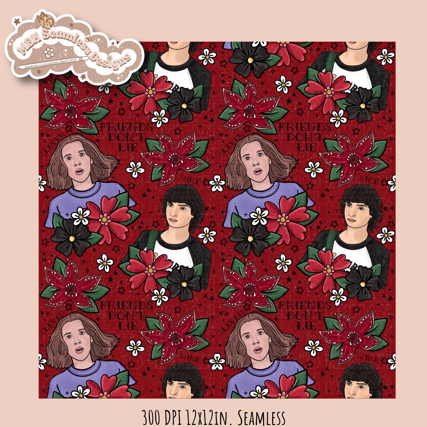 Stranger Things x Tattoo Floral Seamless Pattern // PNG //Multiple Colorways