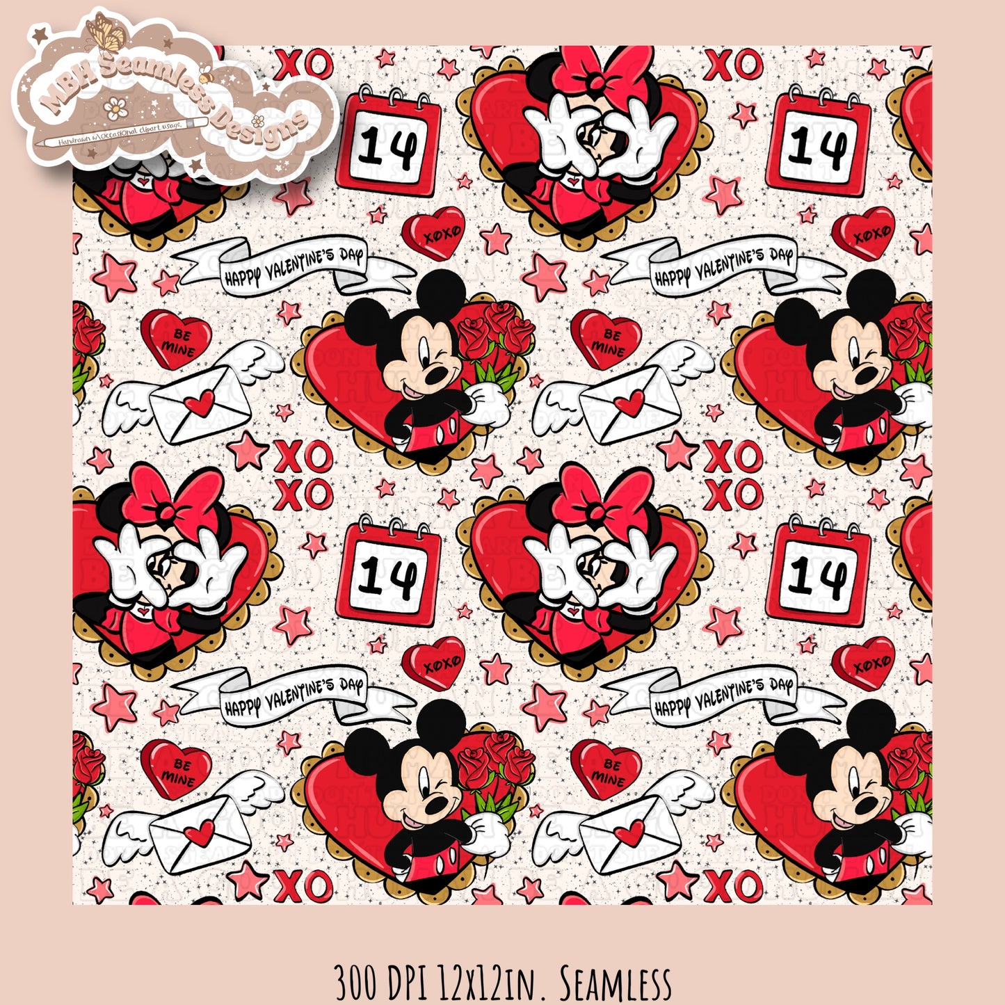 Mouse Hearts Valentine Seamless Pattern Multiple Colorways