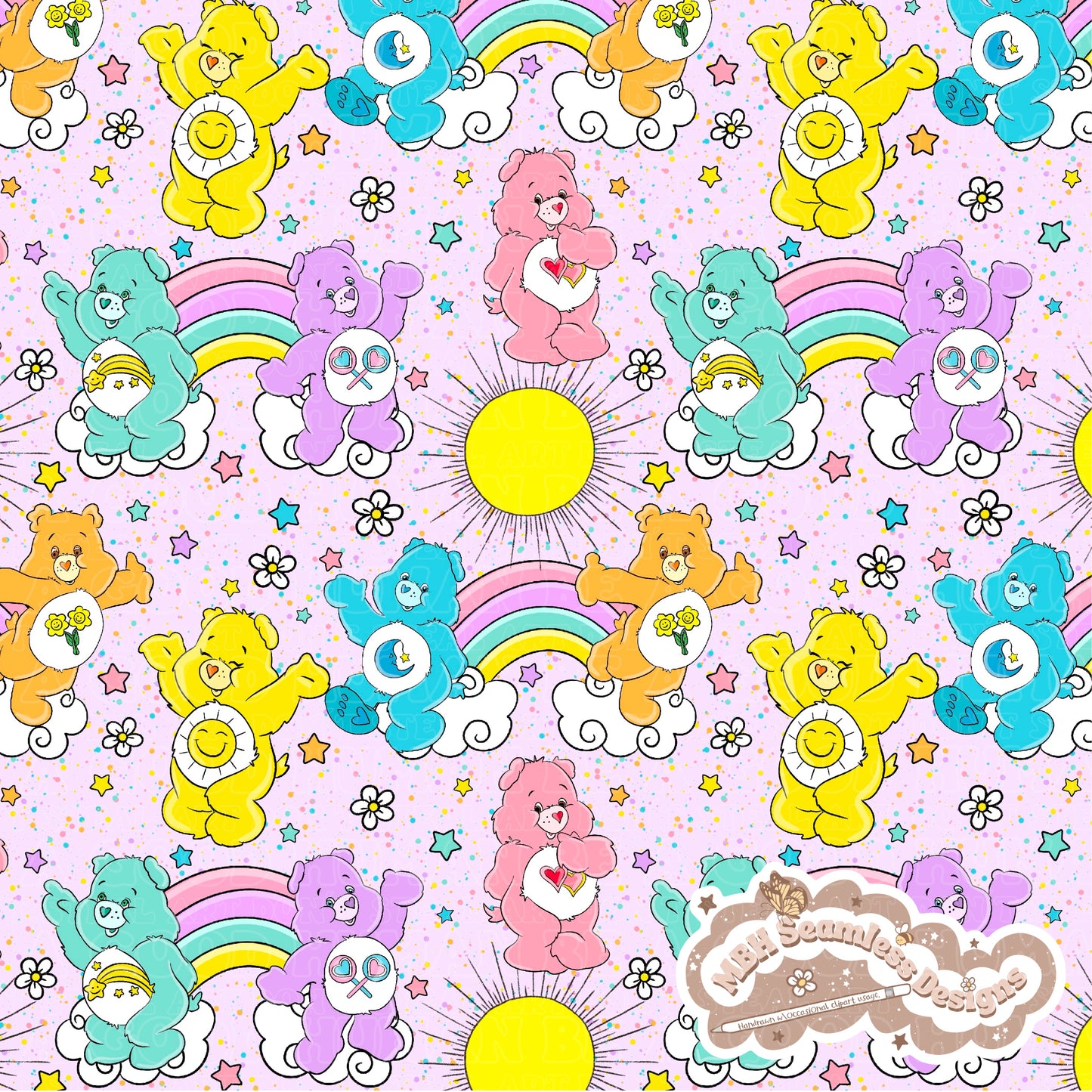 Starry Daisy Care Bears Seamless Pattern & PNG MULTIPLE COLORWAYS