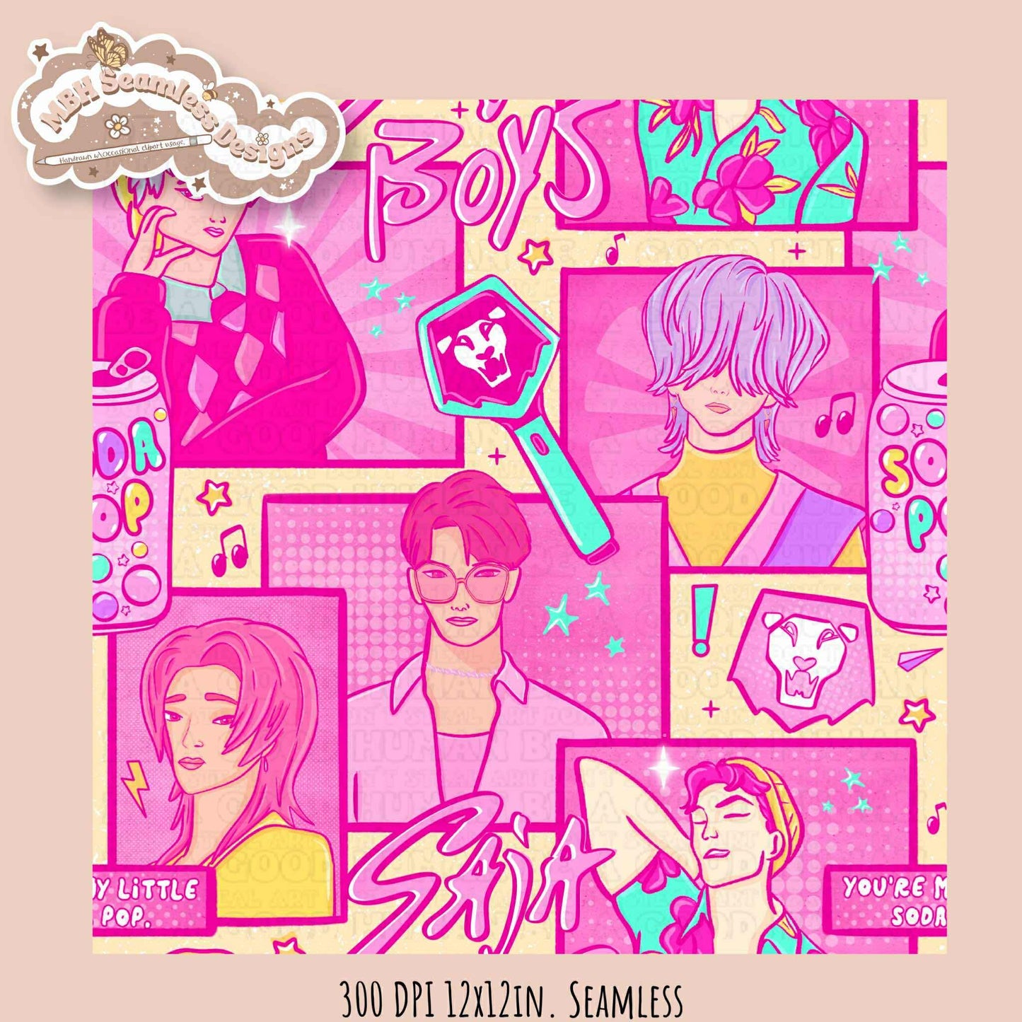 Pink Comic Soda Pop Boys Seamless Pattern // Assorted Colorway Options