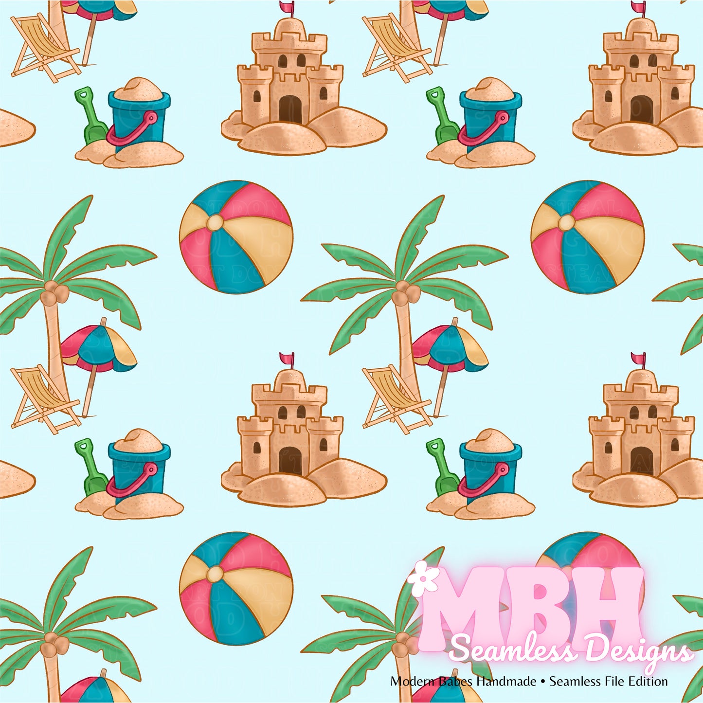 Sandcastles and Beachballs Seamless Pattern MULTIPLE COLORWAYS
