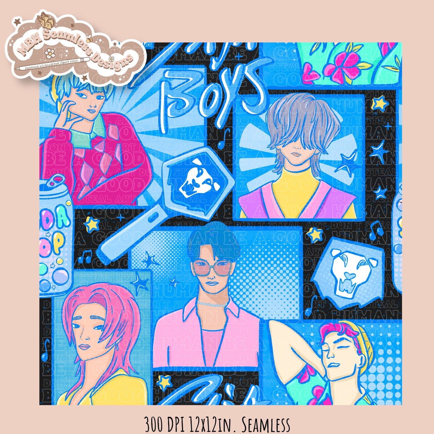 Blue Comic Soda Pop Boys Seamless Pattern // Assorted Colorway Options