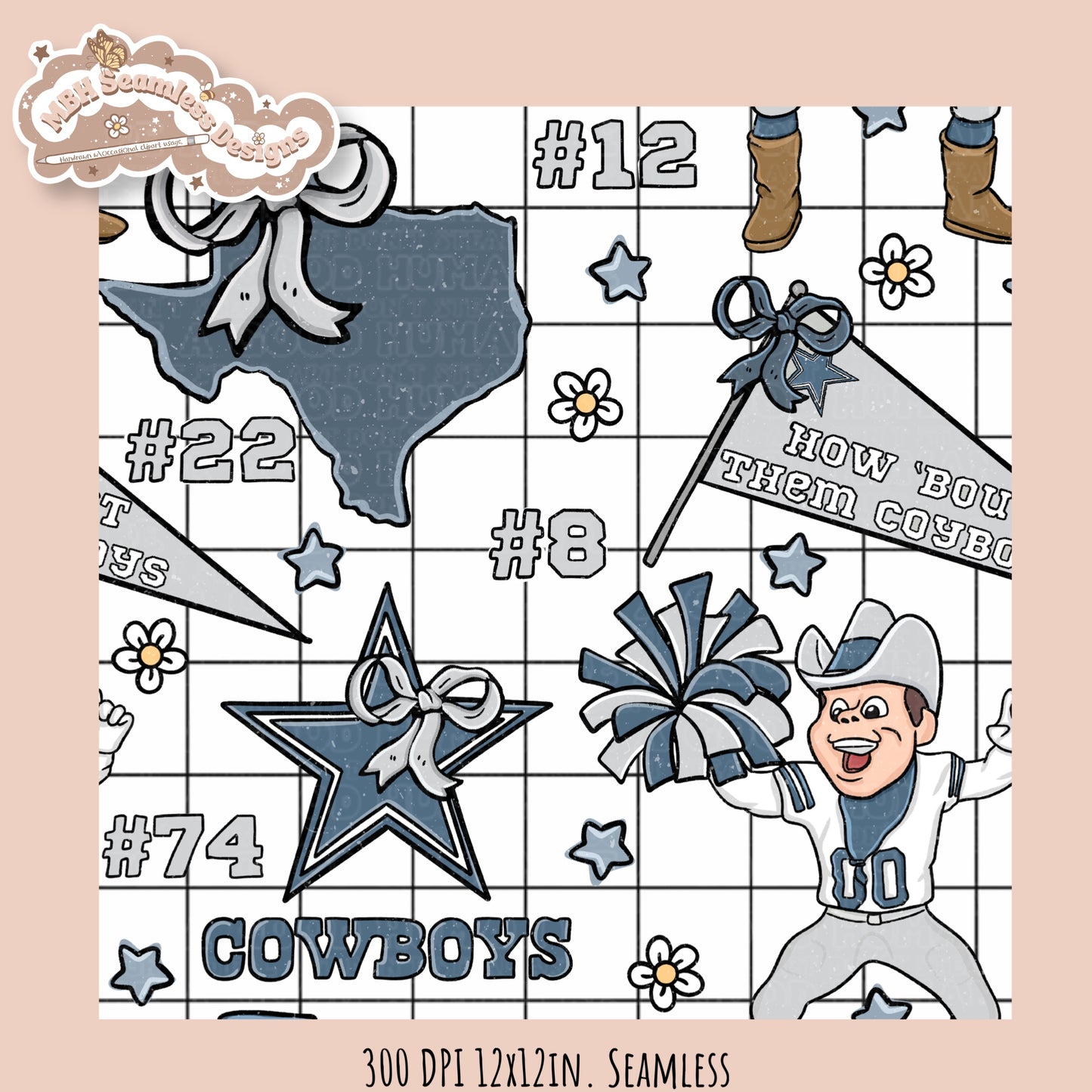 Cowboys x Daisies Football Seamless Pattern // Assorted Colorways
