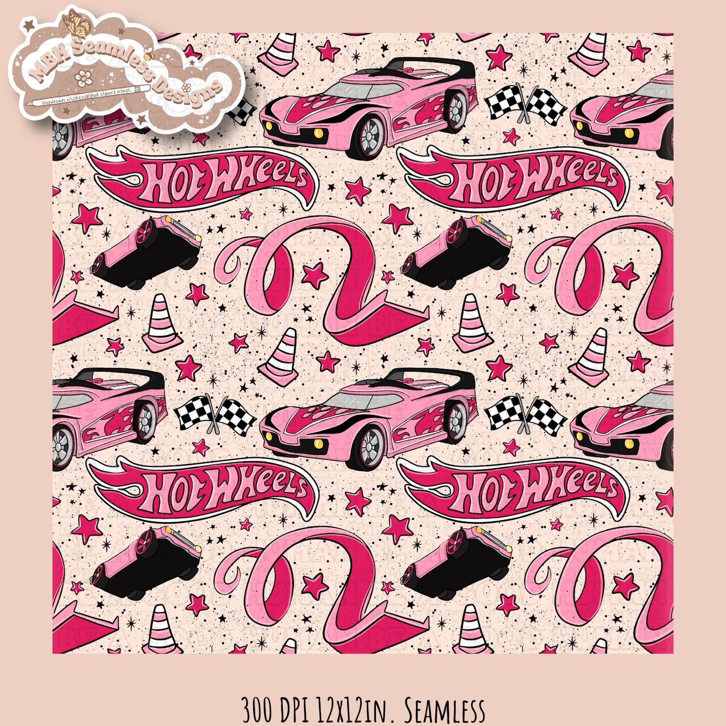 Girly Hot Wheels Seamless Pattern Multiple Colorways