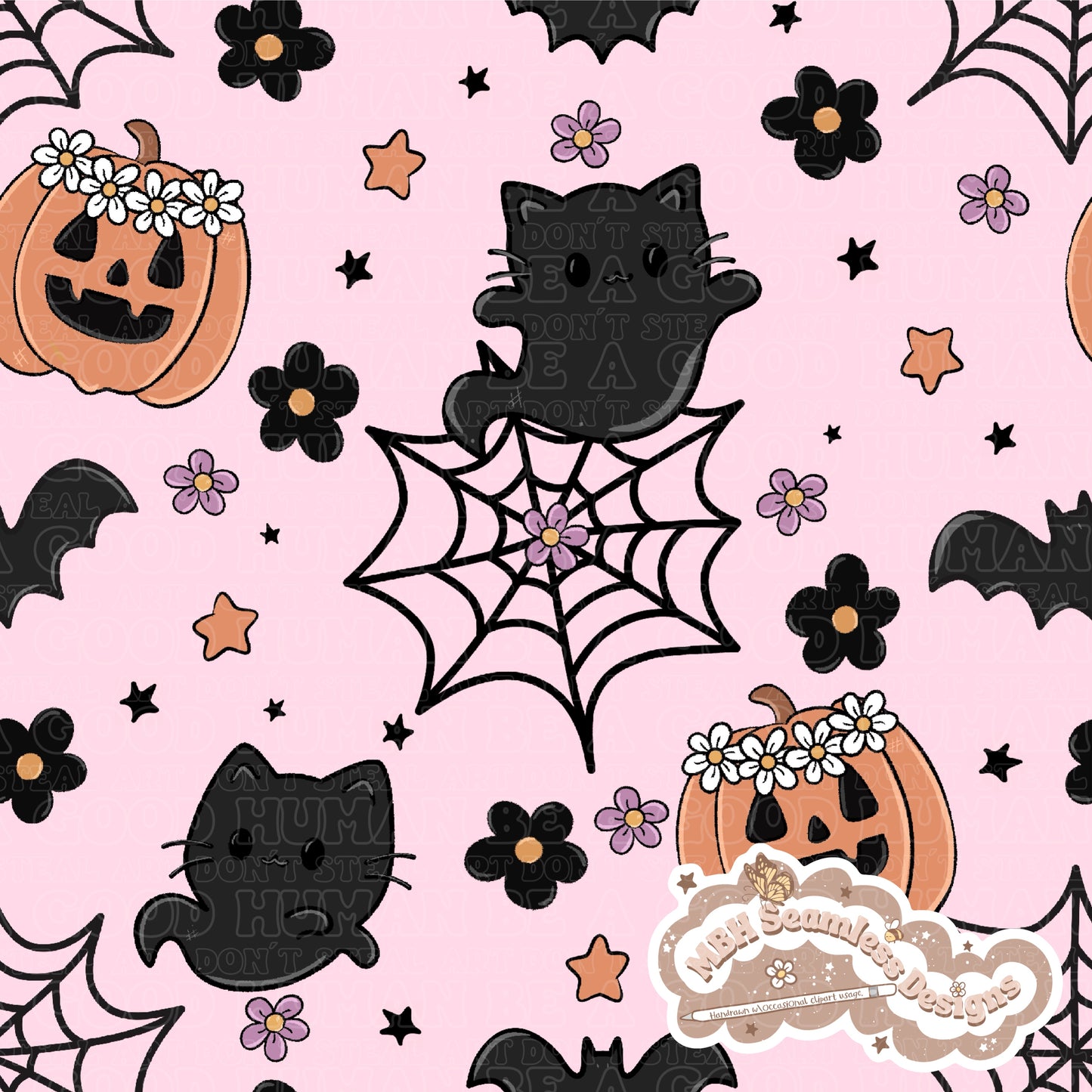 Spooky Floral Ghost Cats Seamless Pattern MULTIPLE COLORWAYS // COORDINATE