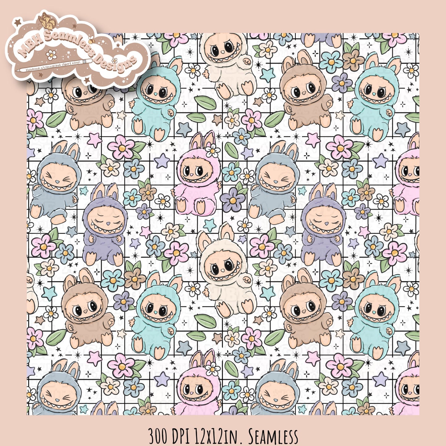 Labubu Floral Seamless Pattern & PNGs Assorted Colorway Options