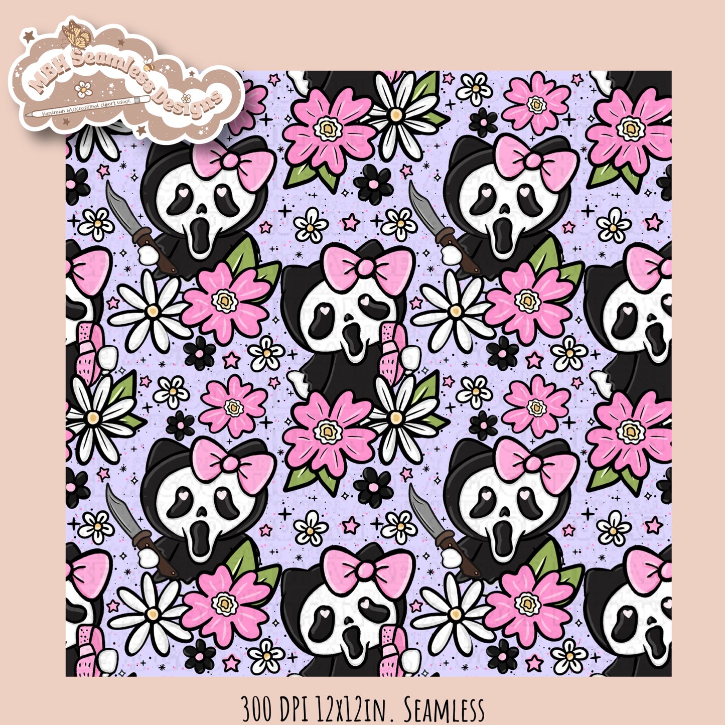 HK X Scream Tattoo Floral Seamless Pattern // PNG // Multiple Colorway Options