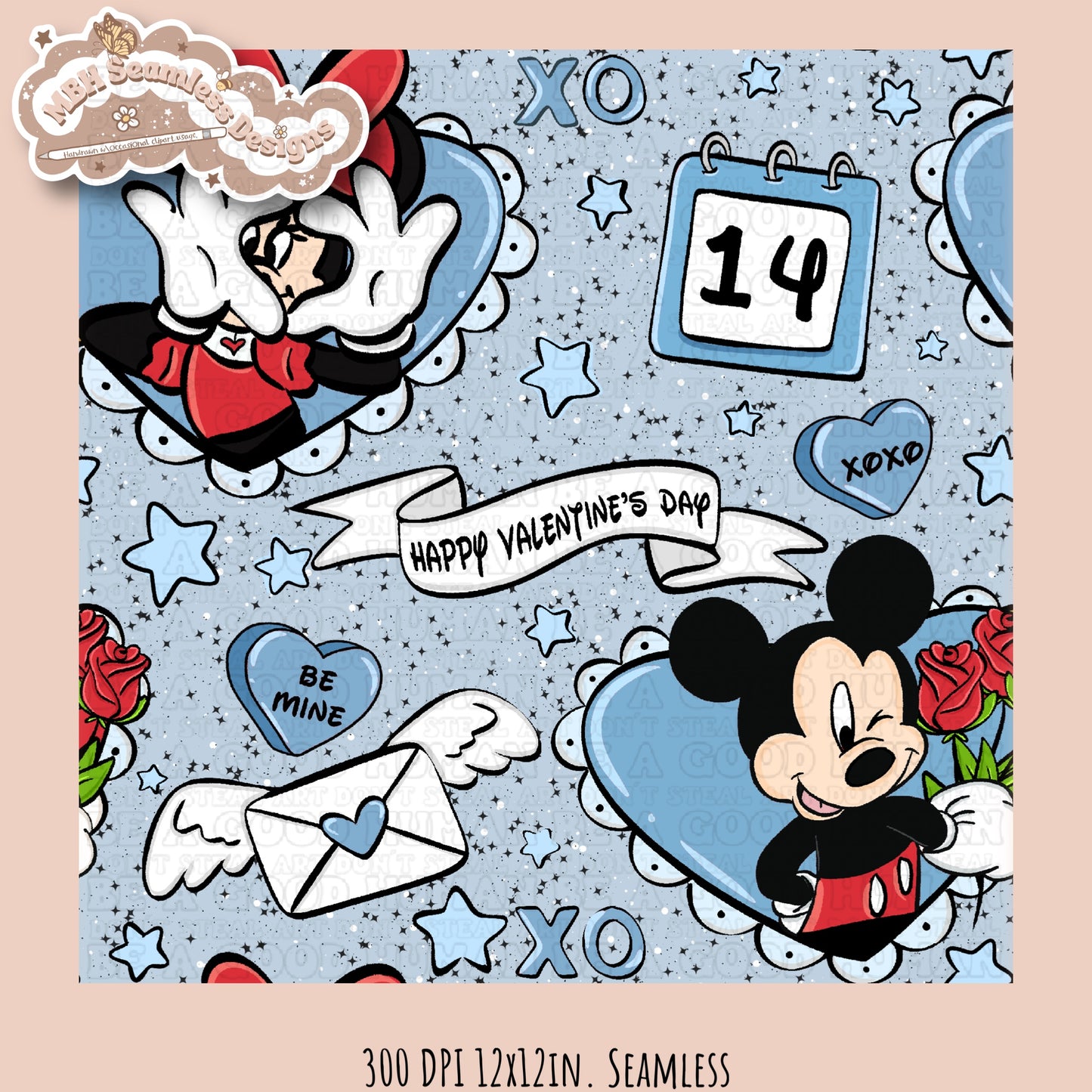 Blue Hearts Mouse Valentine Seamless Pattern Multiple Colorways