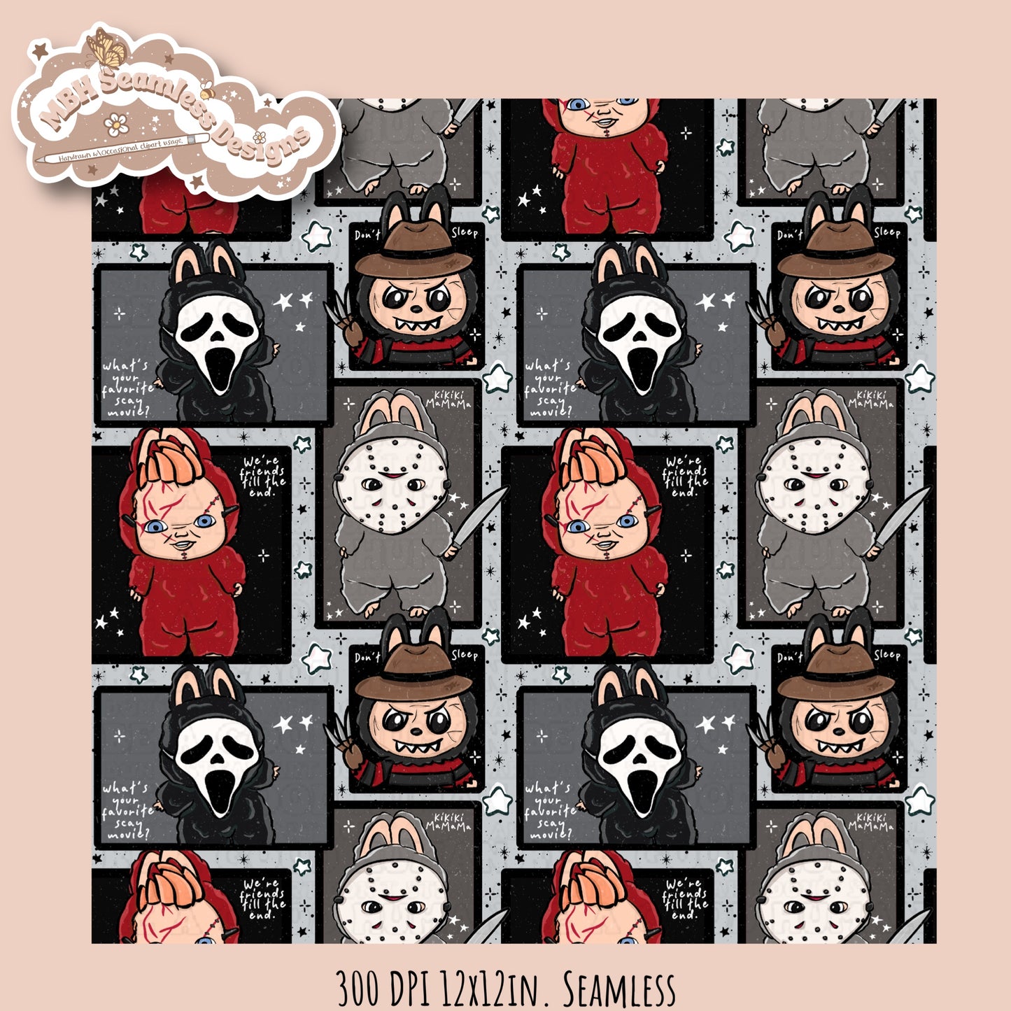 Labubu x Horror Seamless Pattern // PNG // Multiple Colorway Options