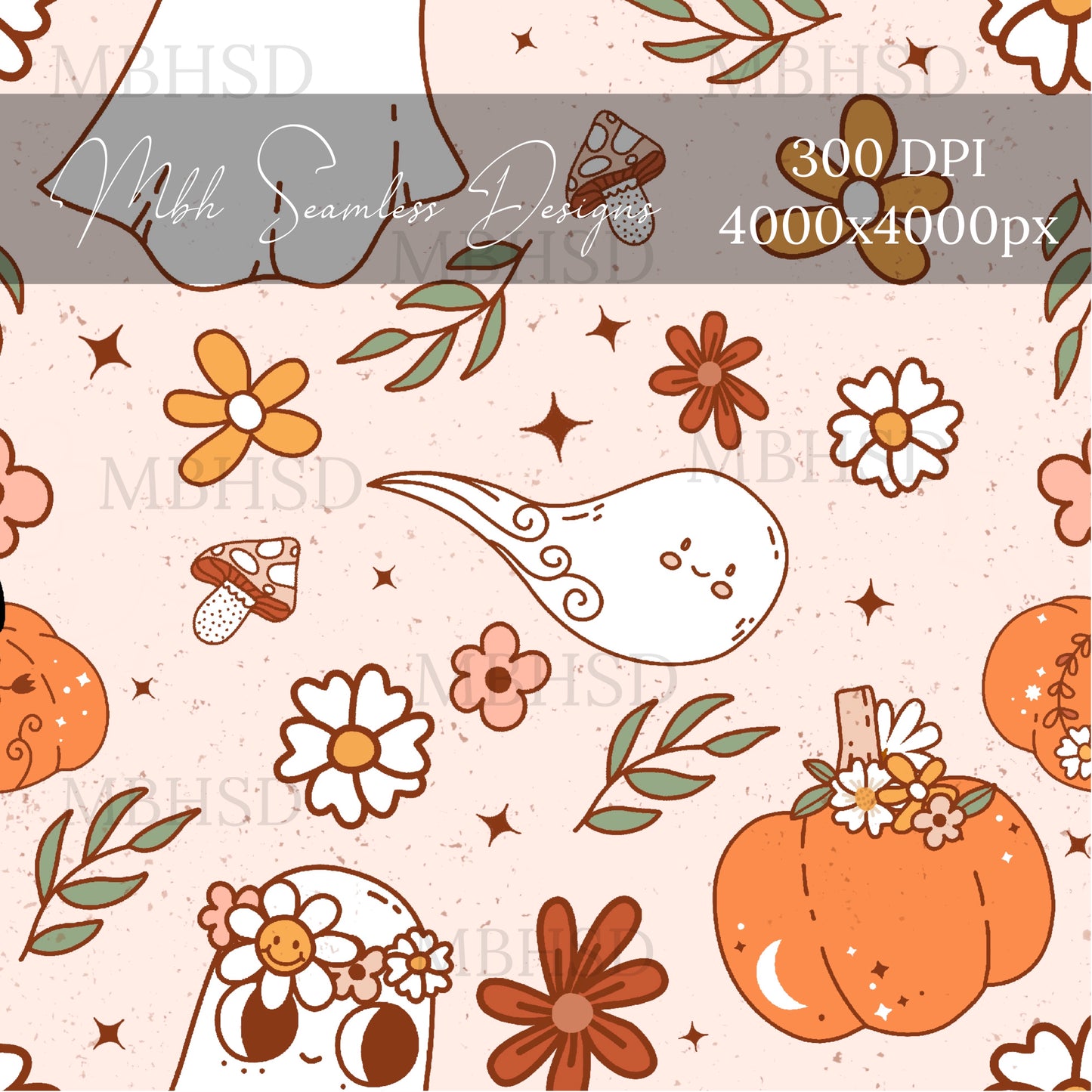 Hippie Pumpkin Ghouls Seamless Pattern