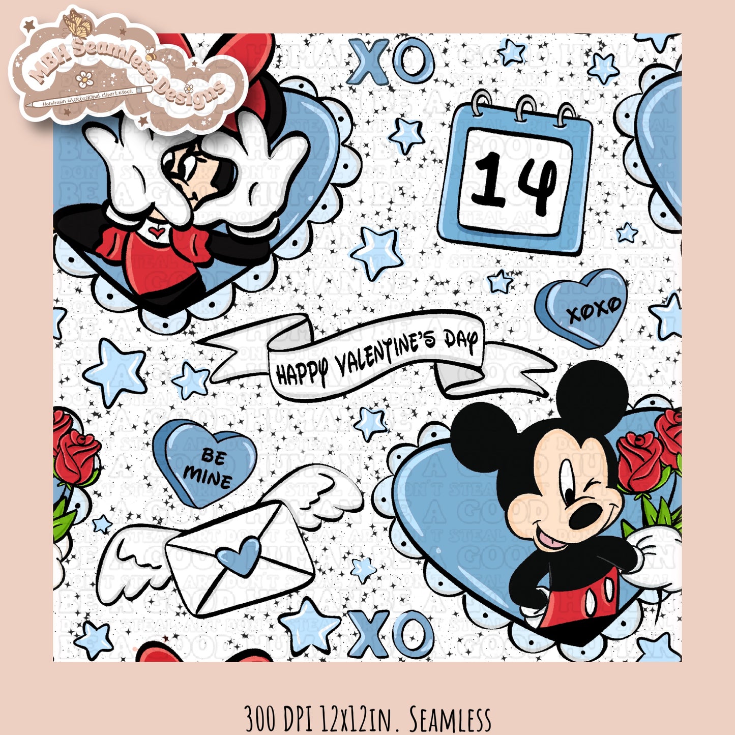 Blue Hearts Mouse Valentine Seamless Pattern Multiple Colorways