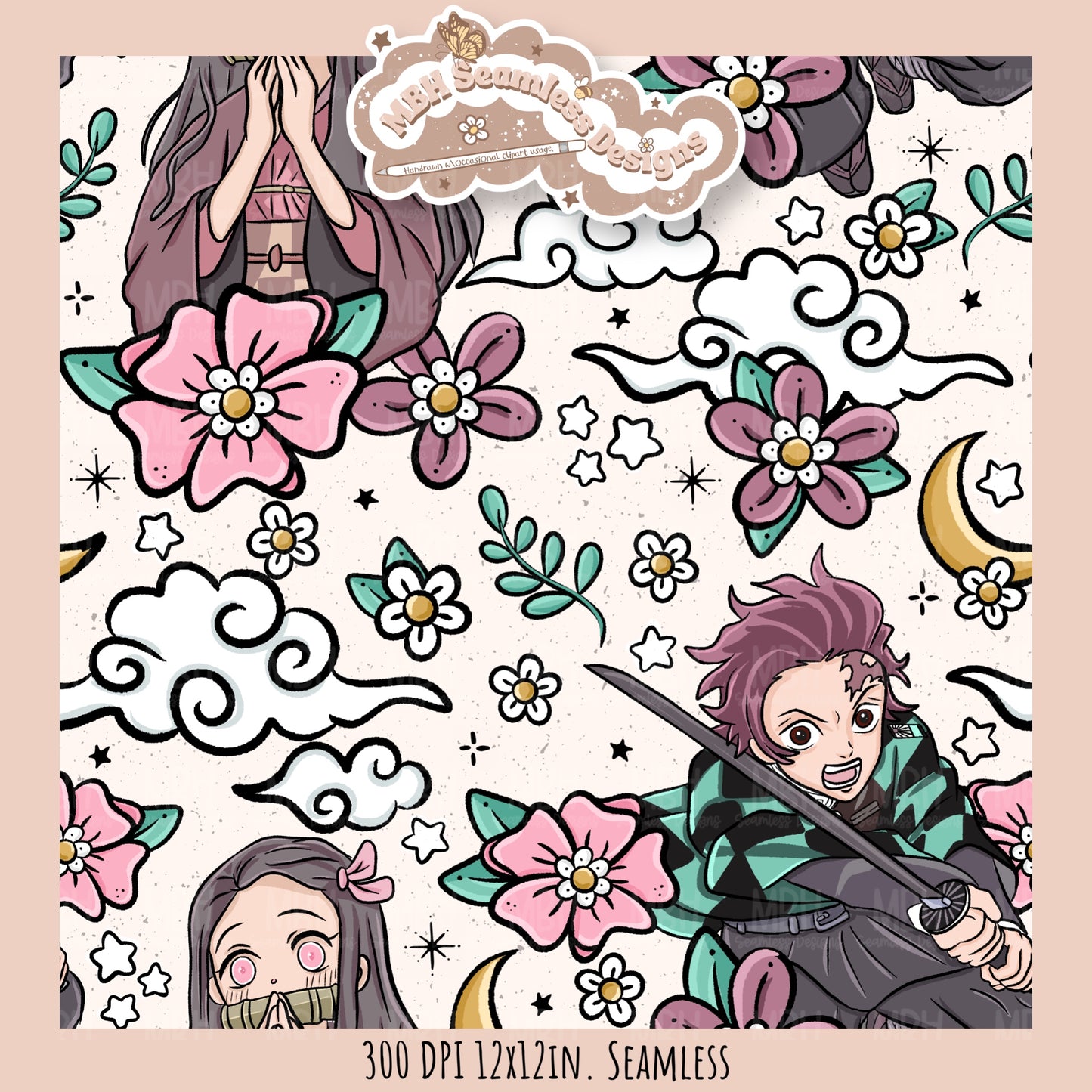 Tanjiro Nezuko Floral Seamless Pattern // MULTIPLE COLORWAY OPTIONS