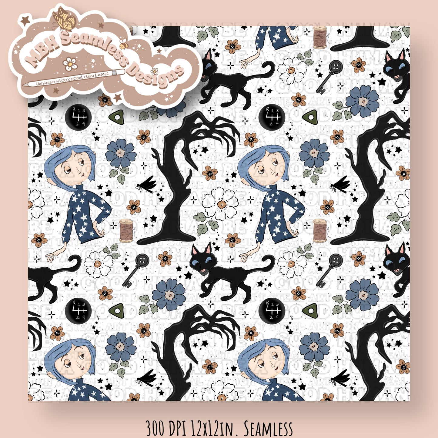 EXCLUSIVE Boho Floral Button Eye Girl & Coordinate Seamless Pattern (NO FABRIC SHOPS)