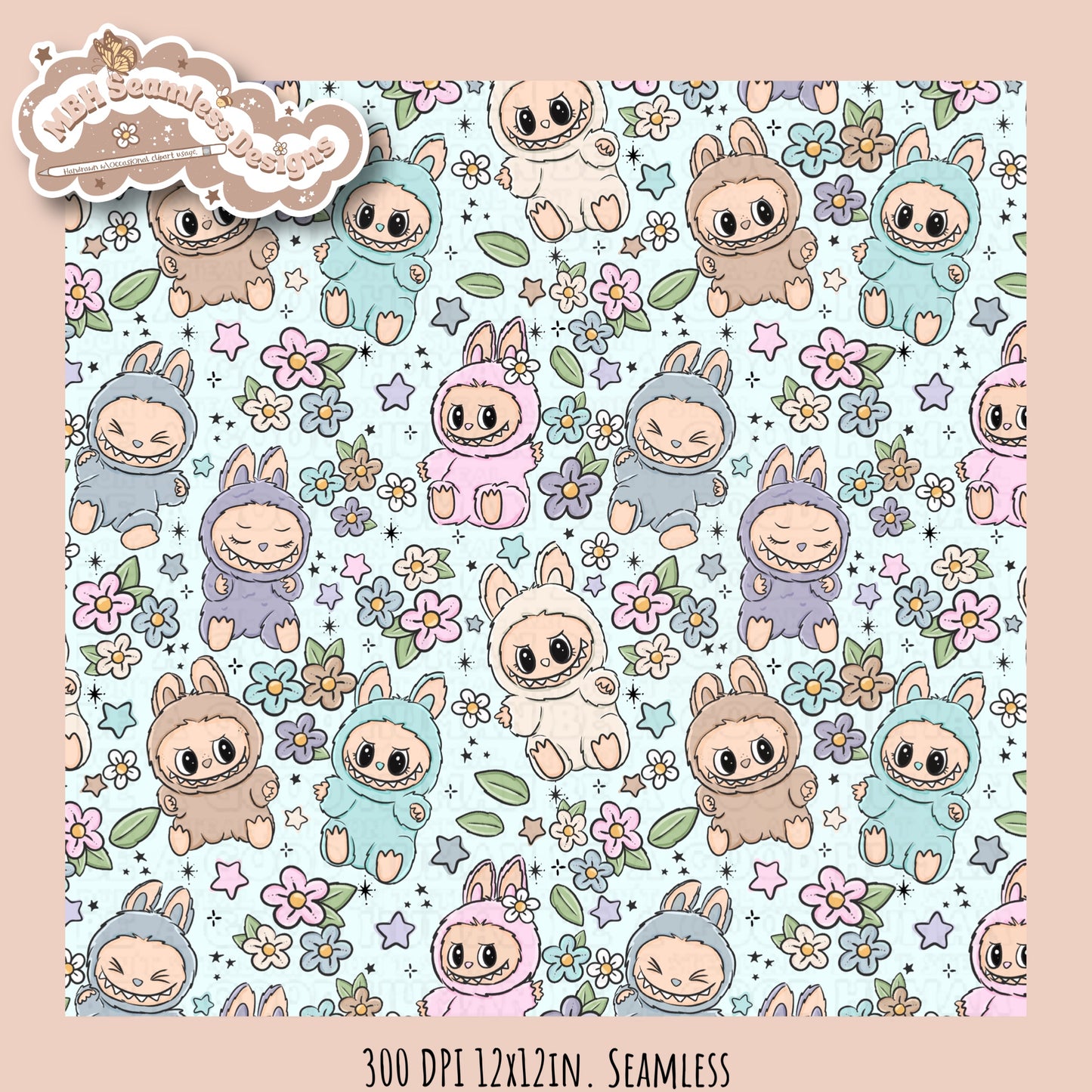 Labubu Floral Seamless Pattern & PNGs Assorted Colorway Options