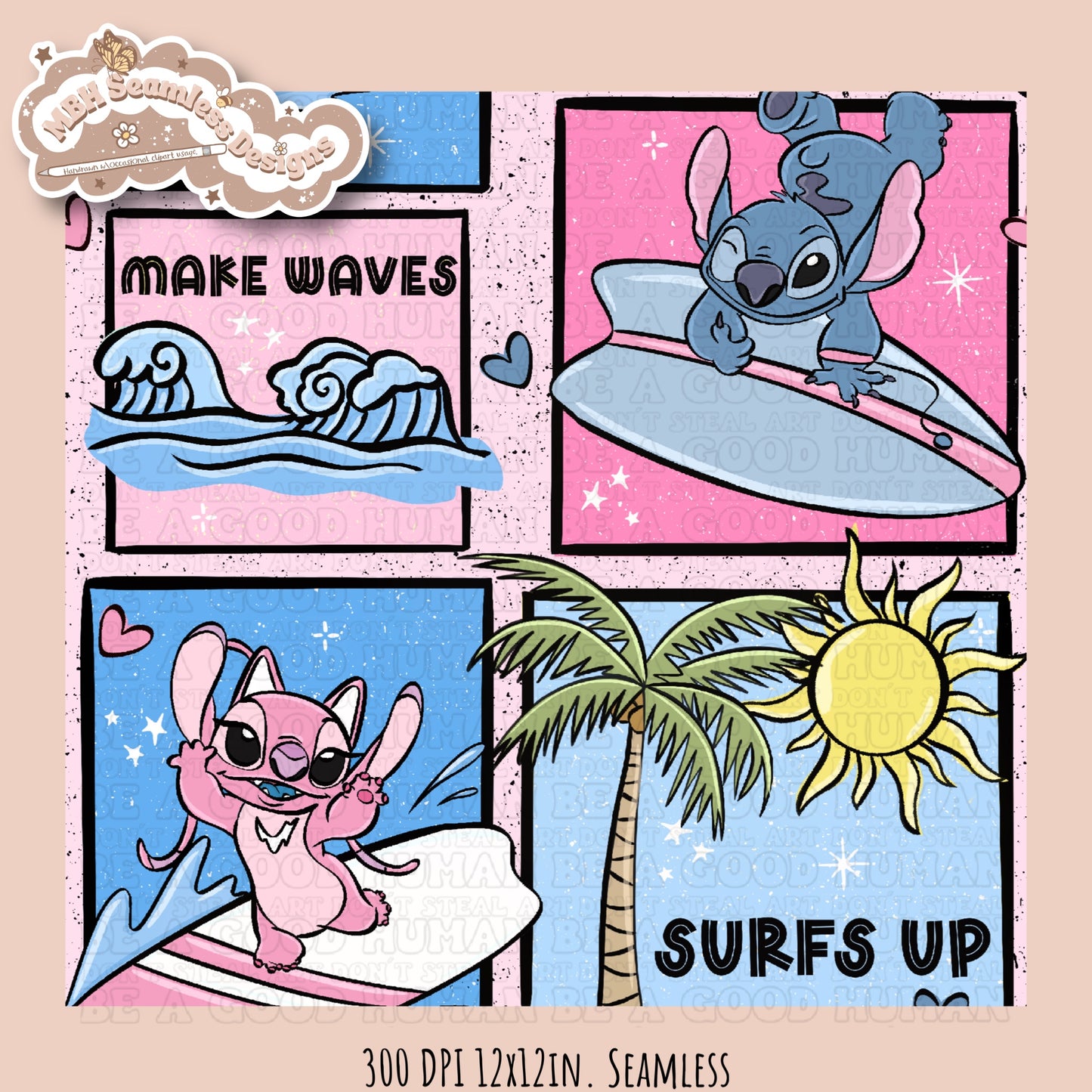 Angel & Stitch Surf Seamless Pattern•Multiple Colorway Options