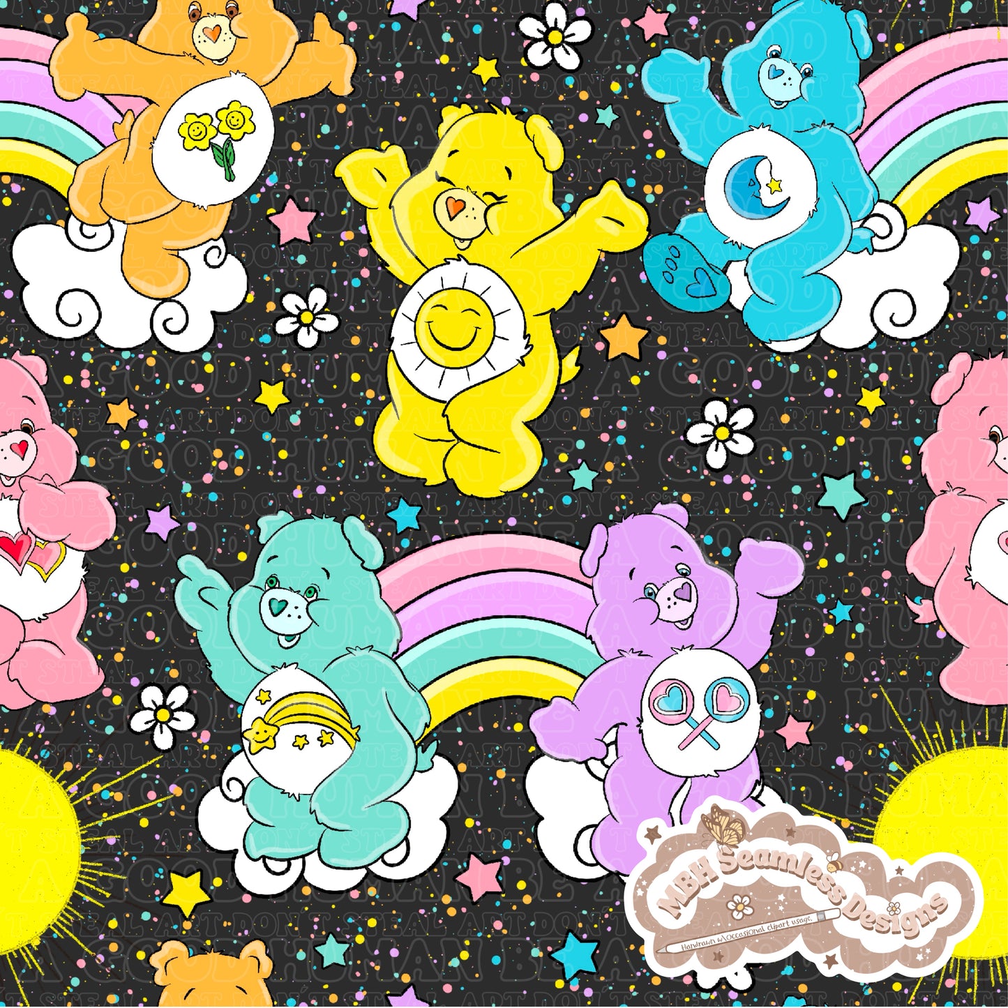 Starry Daisy Care Bears Seamless Pattern & PNG MULTIPLE COLORWAYS