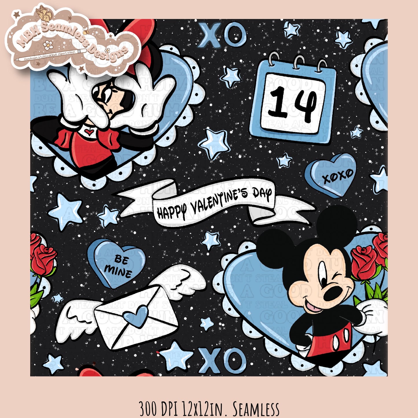 Blue Hearts Mouse Valentine Seamless Pattern Multiple Colorways