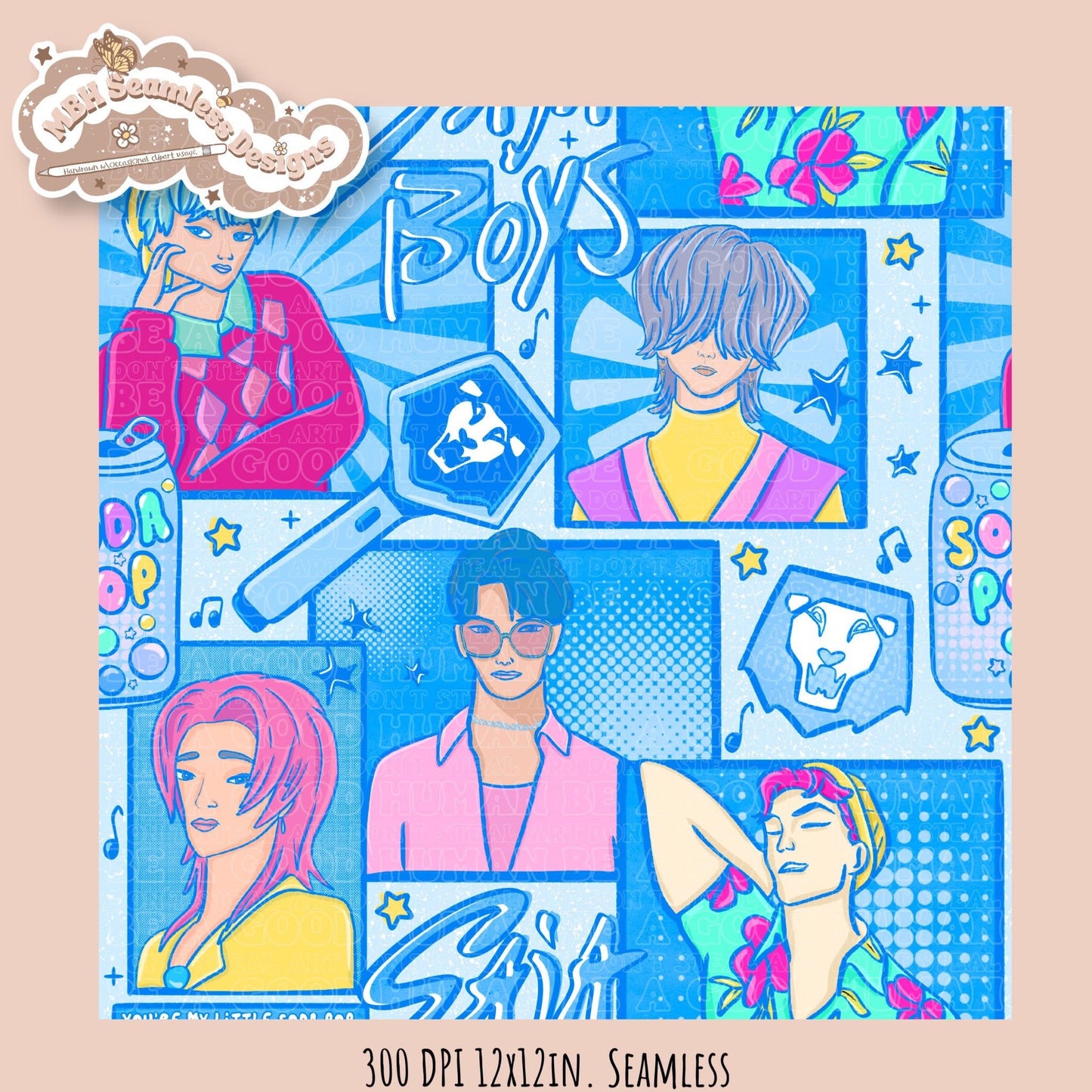 Blue Comic Soda Pop Boys Seamless Pattern // Assorted Colorway Options