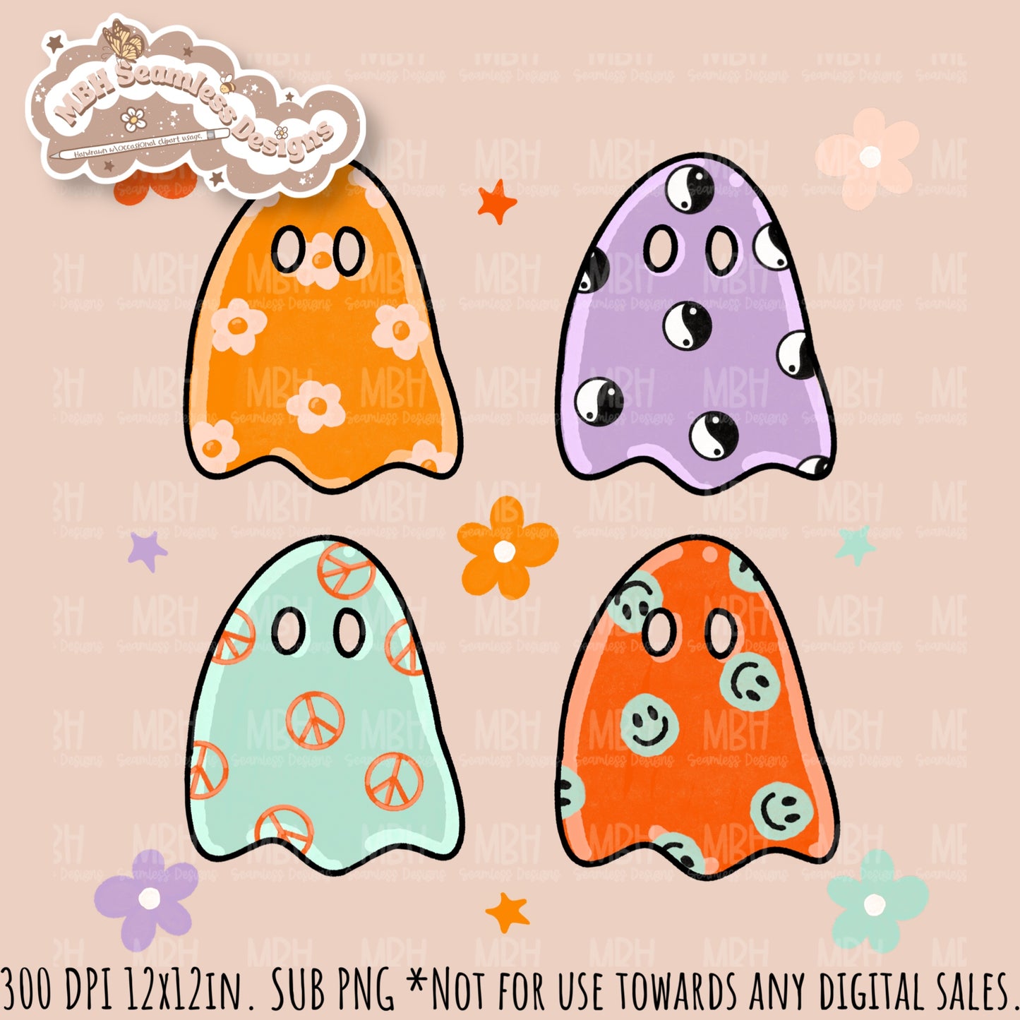 Groovy Ghouls Seamless Pattern // PNG // Assorted Colorway Options