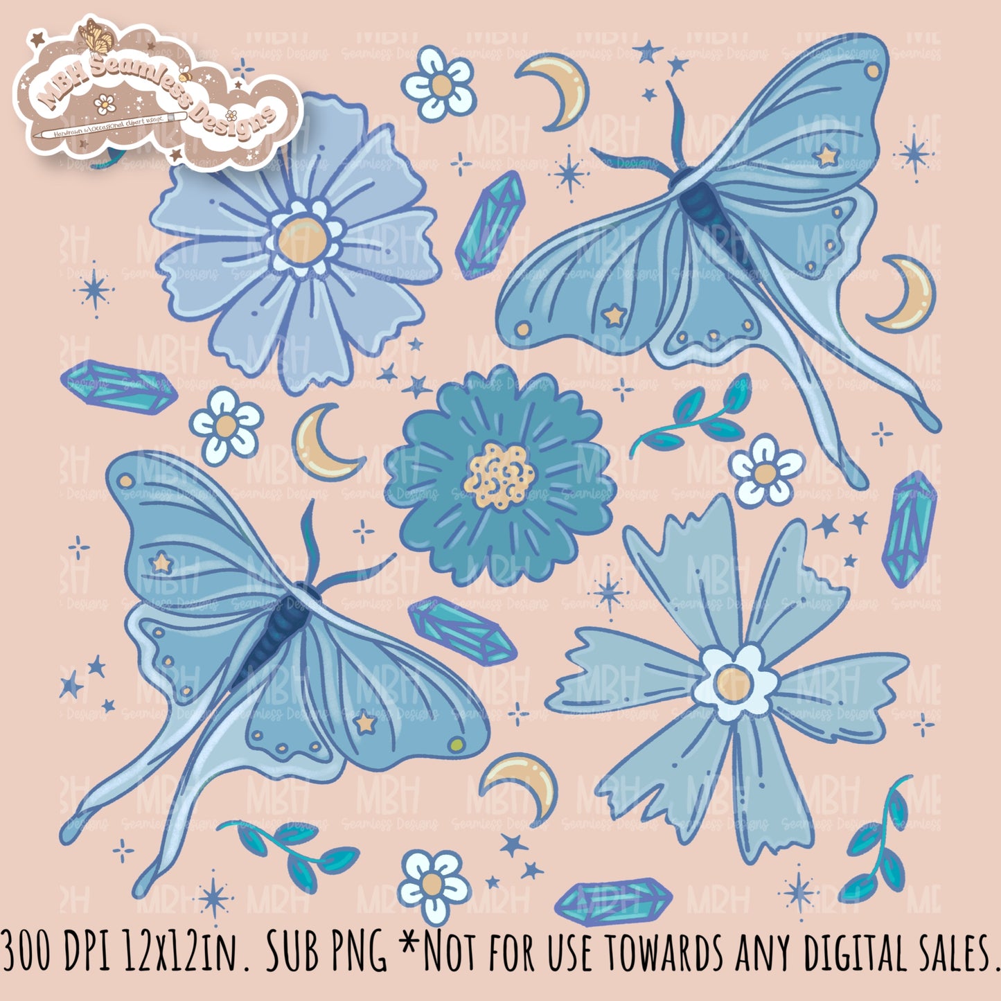 Starry Night Floral Luna Moths Seamless Pattern // PNG// MULTIPLE COLORWAYS
