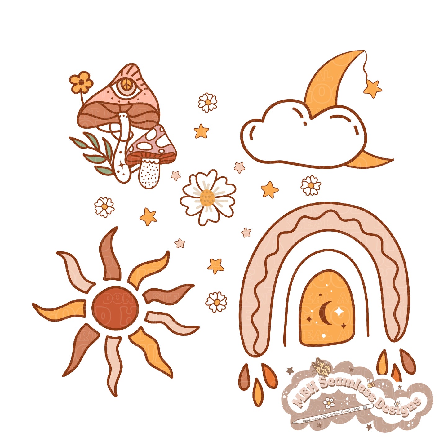 Boho Rainbow Shrooms Seamless Pattern // PNG • MULTIPLE COLORWAYS