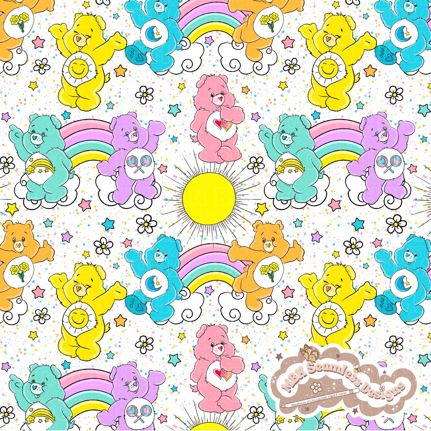 Starry Daisy Care Bears Seamless Pattern & PNG MULTIPLE COLORWAYS