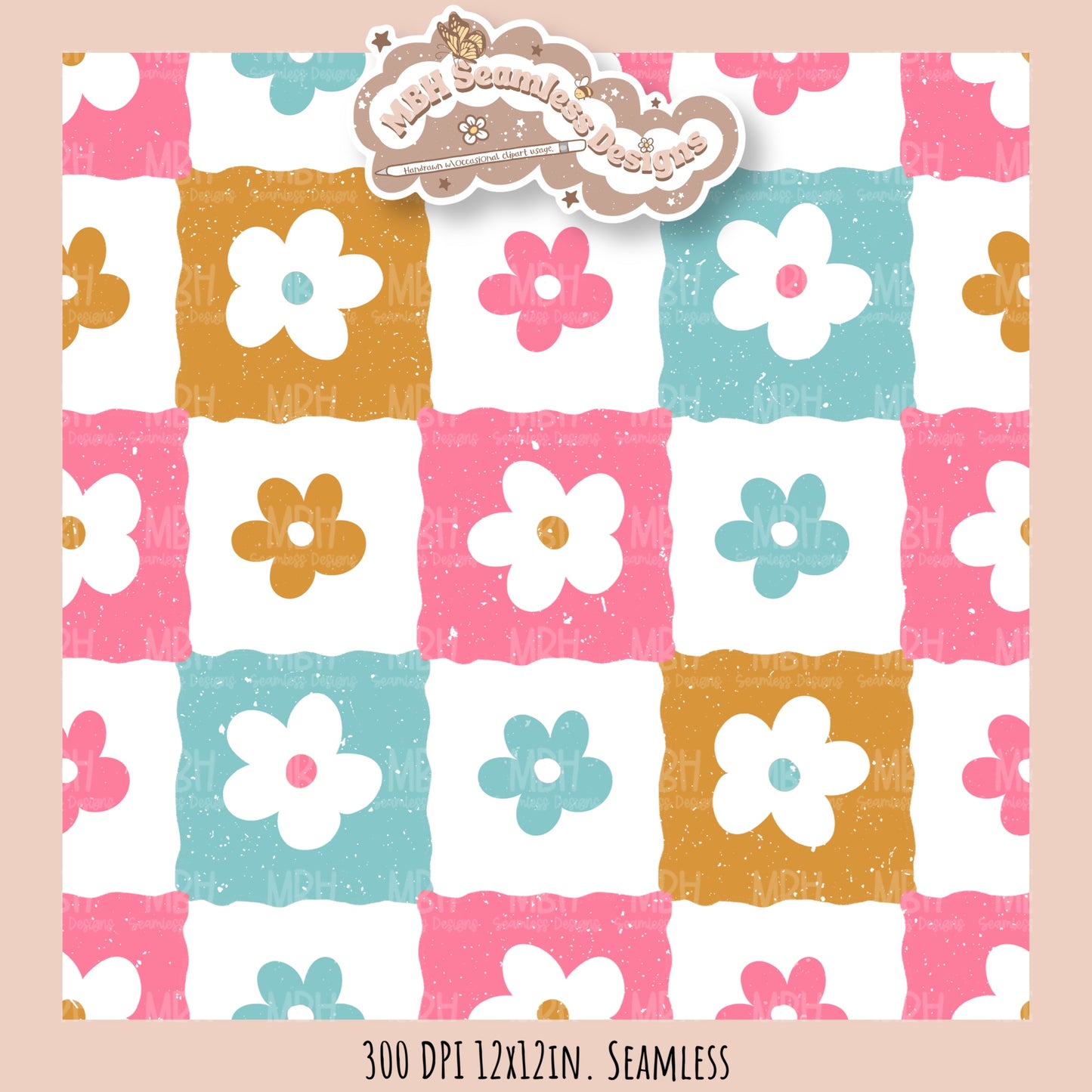 Retro Checkered Flowers 3 Seamless Pattern