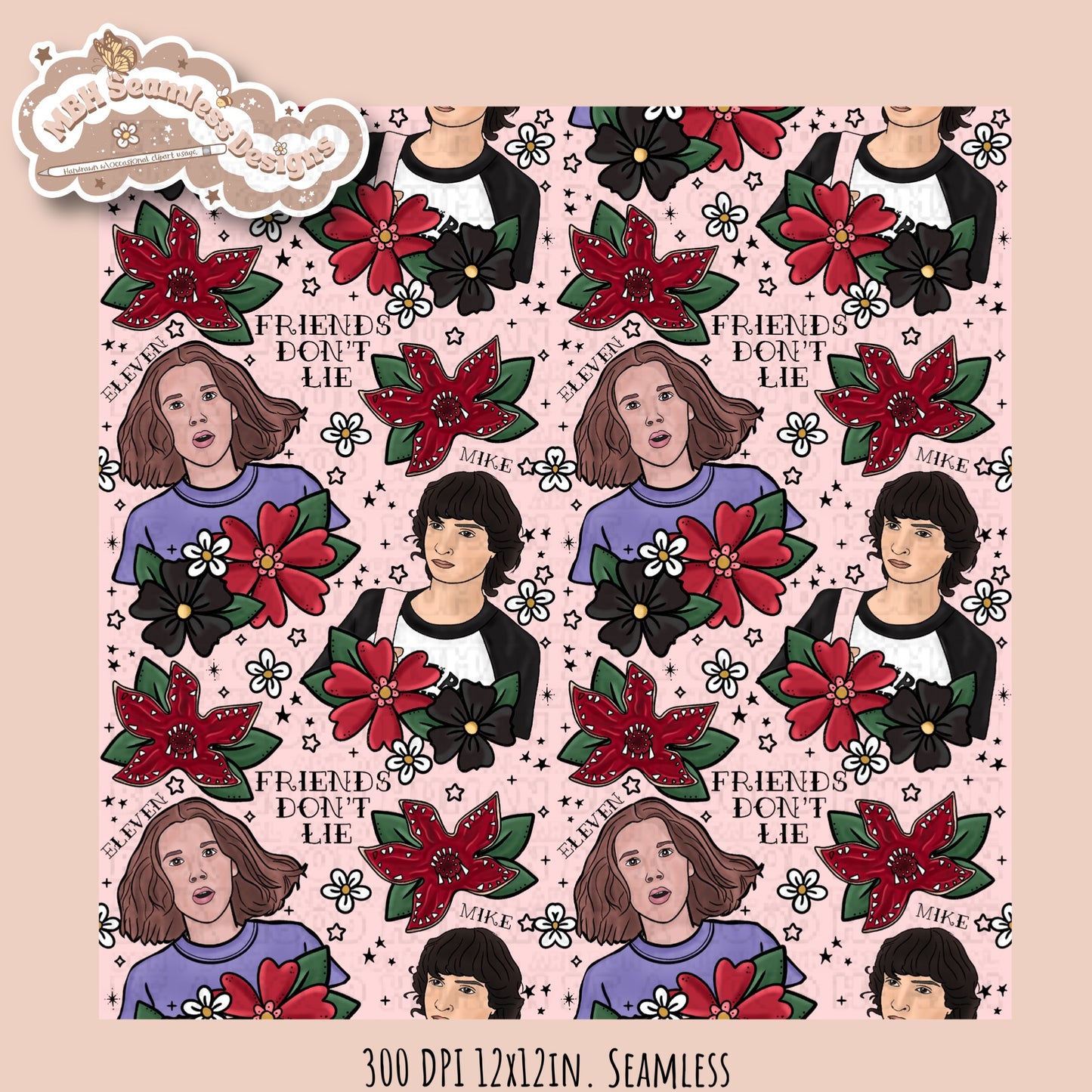 Stranger Things x Tattoo Floral Seamless Pattern // PNG //Multiple Colorways