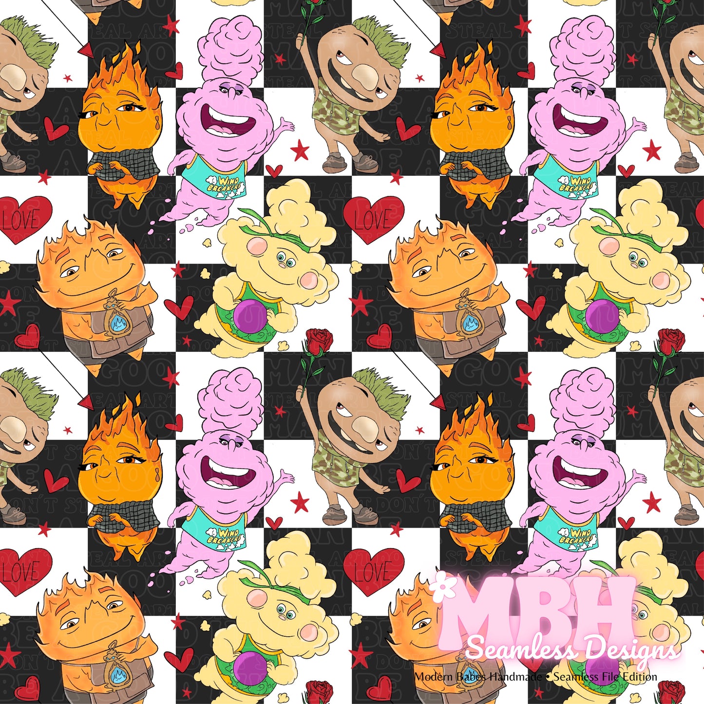 Elemental Friends Checkered Valentine Assorted Colorways Seamless Pattern
