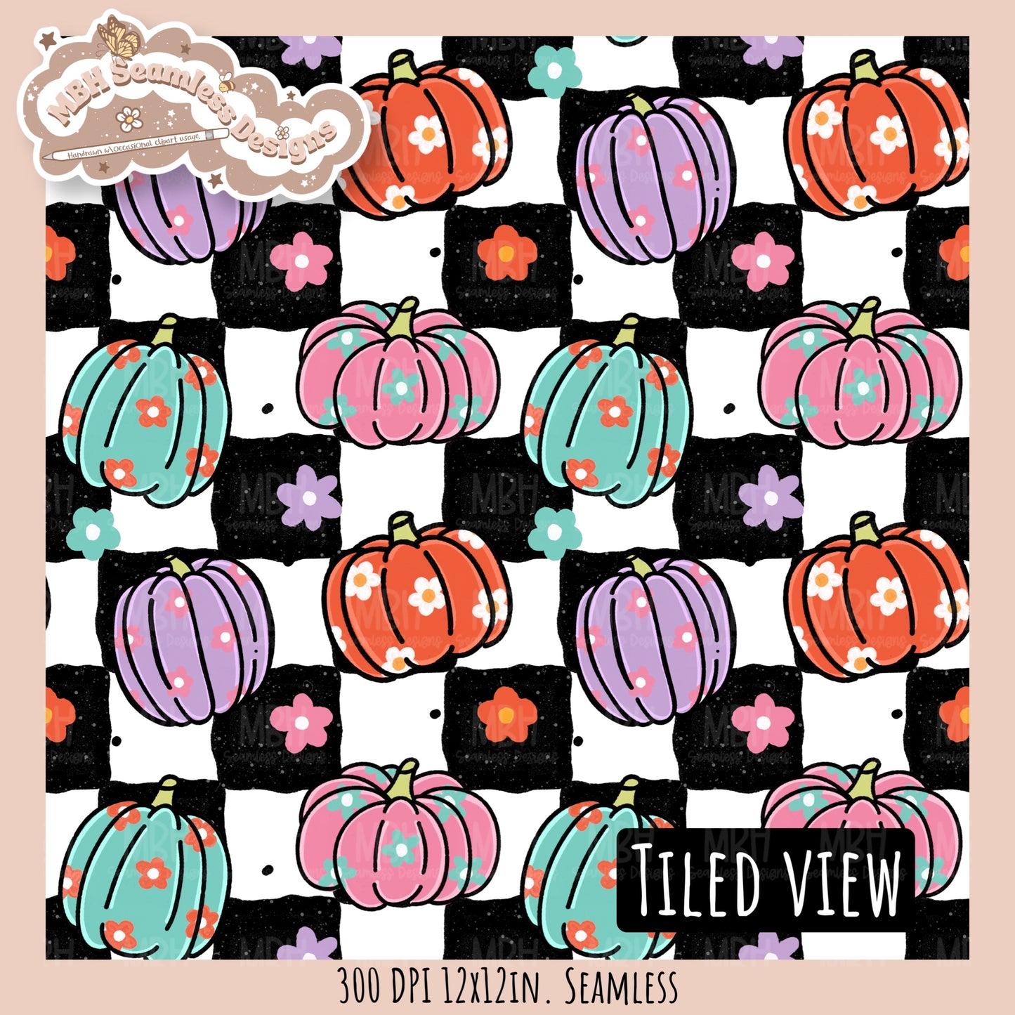 Daisy Pumpkins Seamless Pattern // Assorted Colorway Options