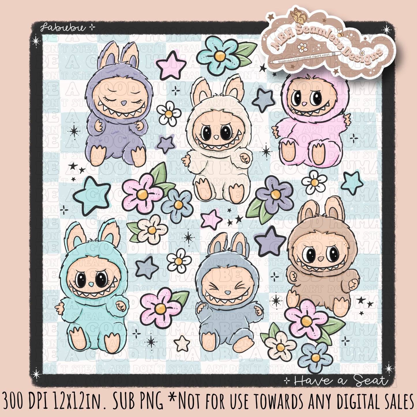 Labubu Floral Seamless Pattern & PNGs Assorted Colorway Options